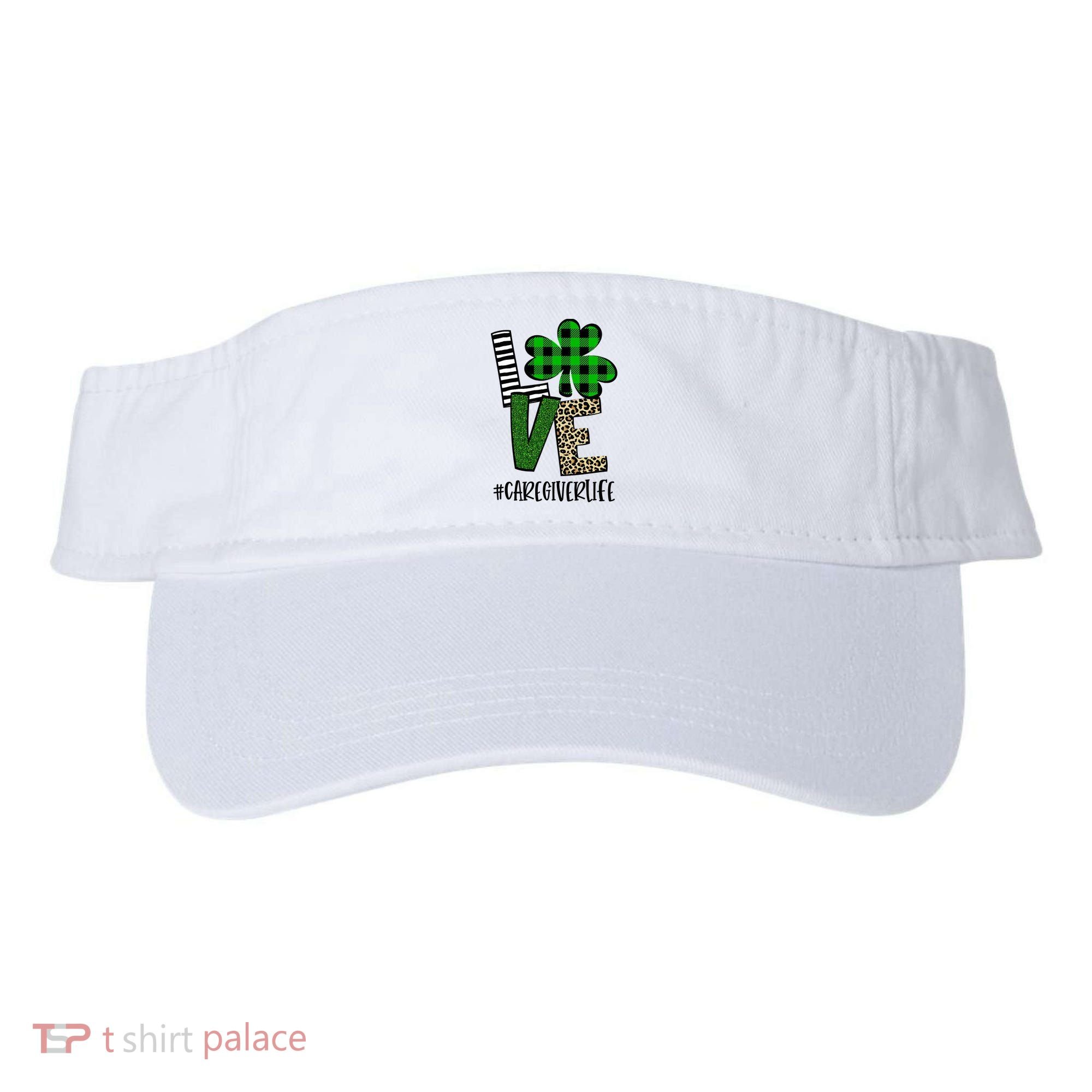 LOVE Caregiver Life St Patrick's Day Buffalo Plaid Shamrock Visor
