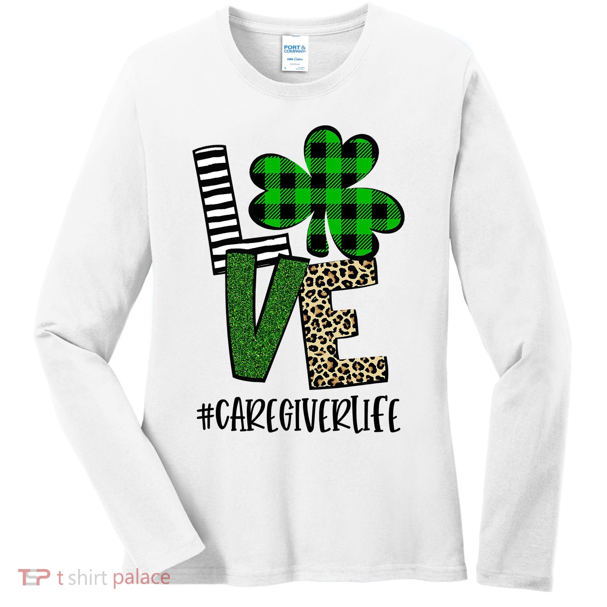 LOVE Caregiver Life St Patrick's Day Buffalo Plaid Shamrock Women's Long Sleeve Shirt
