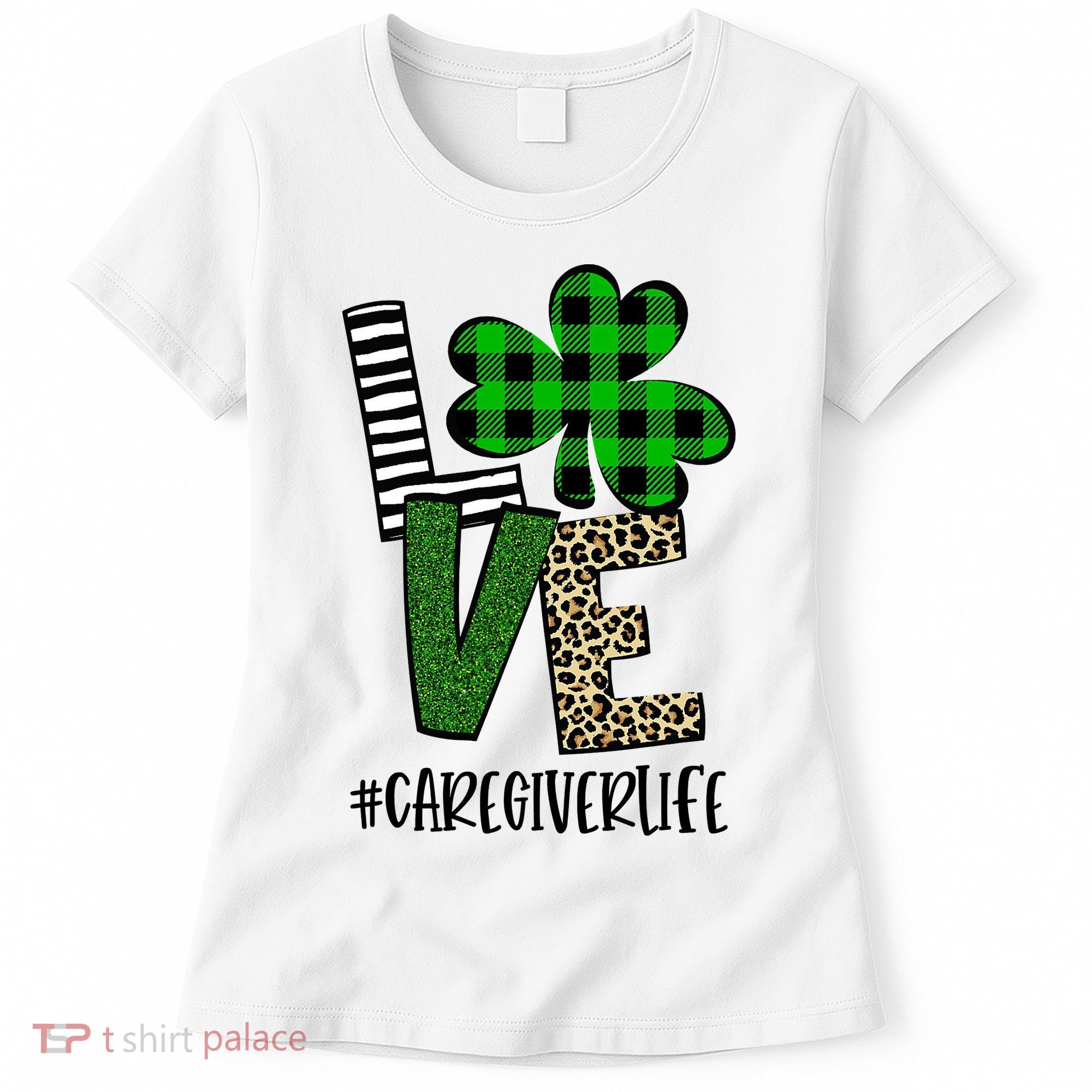 LOVE Caregiver Life St Patrick's Day Buffalo Plaid Shamrock Women's T-Shirt