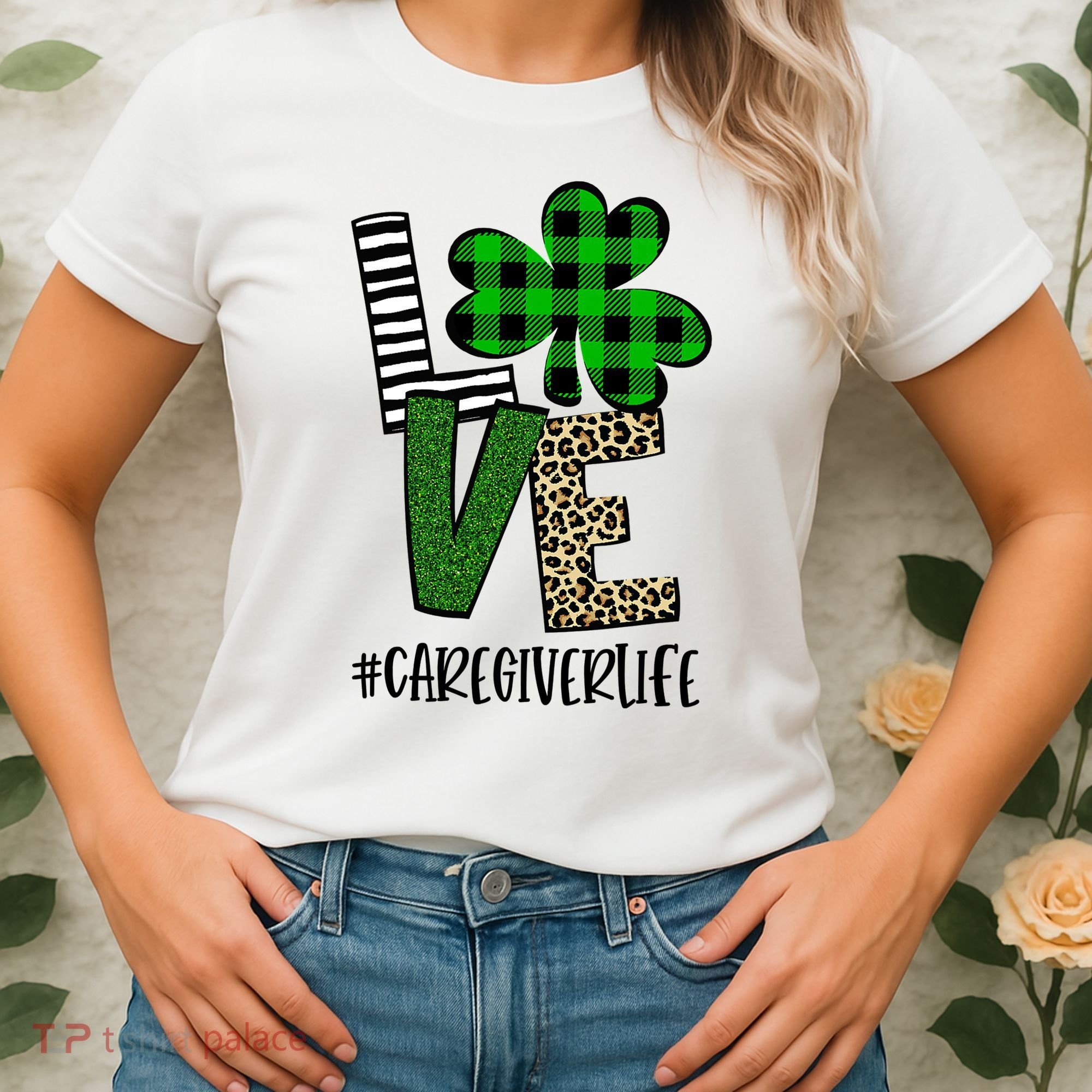 LOVE Caregiver Life St Patrick's Day Buffalo Plaid Shamrock Women's T-Shirt