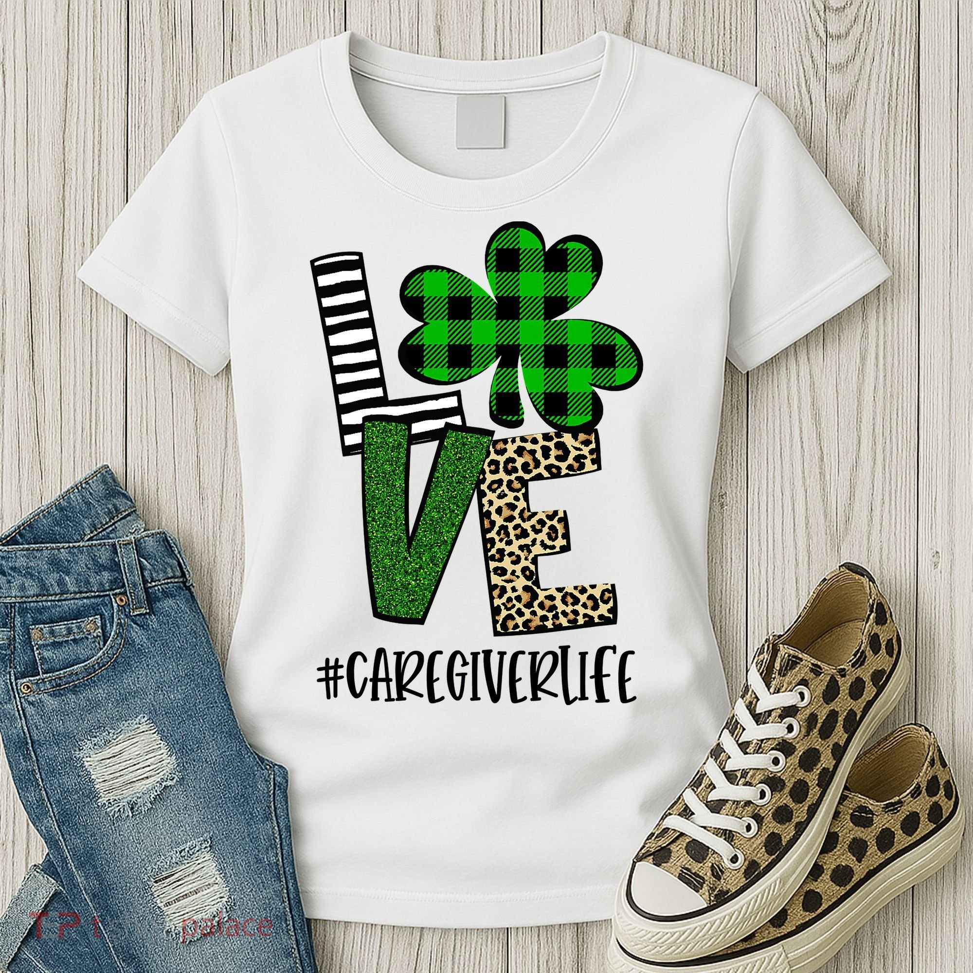 LOVE Caregiver Life St Patrick's Day Buffalo Plaid Shamrock Women's T-Shirt