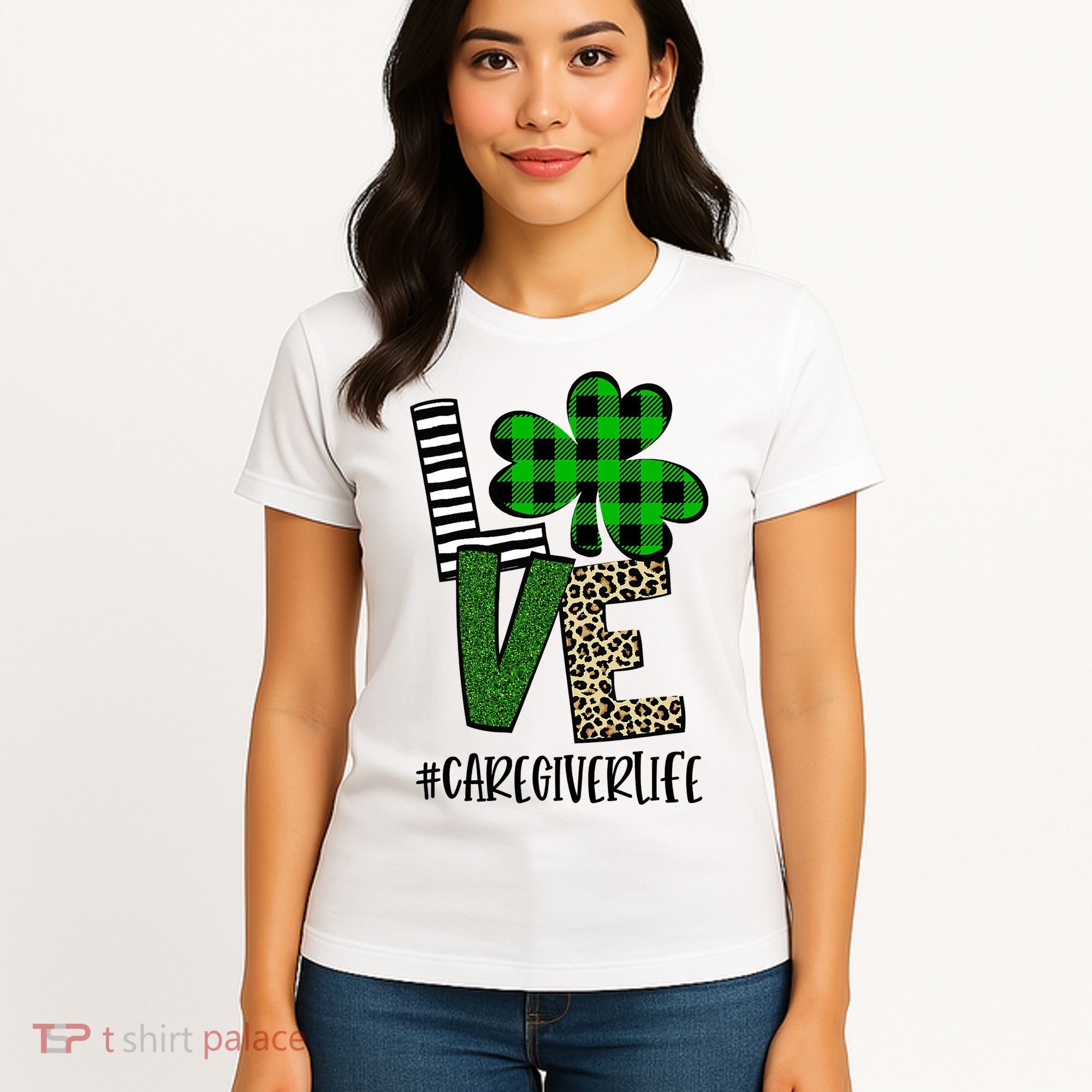 LOVE Caregiver Life St Patrick's Day Buffalo Plaid Shamrock Women's T-Shirt