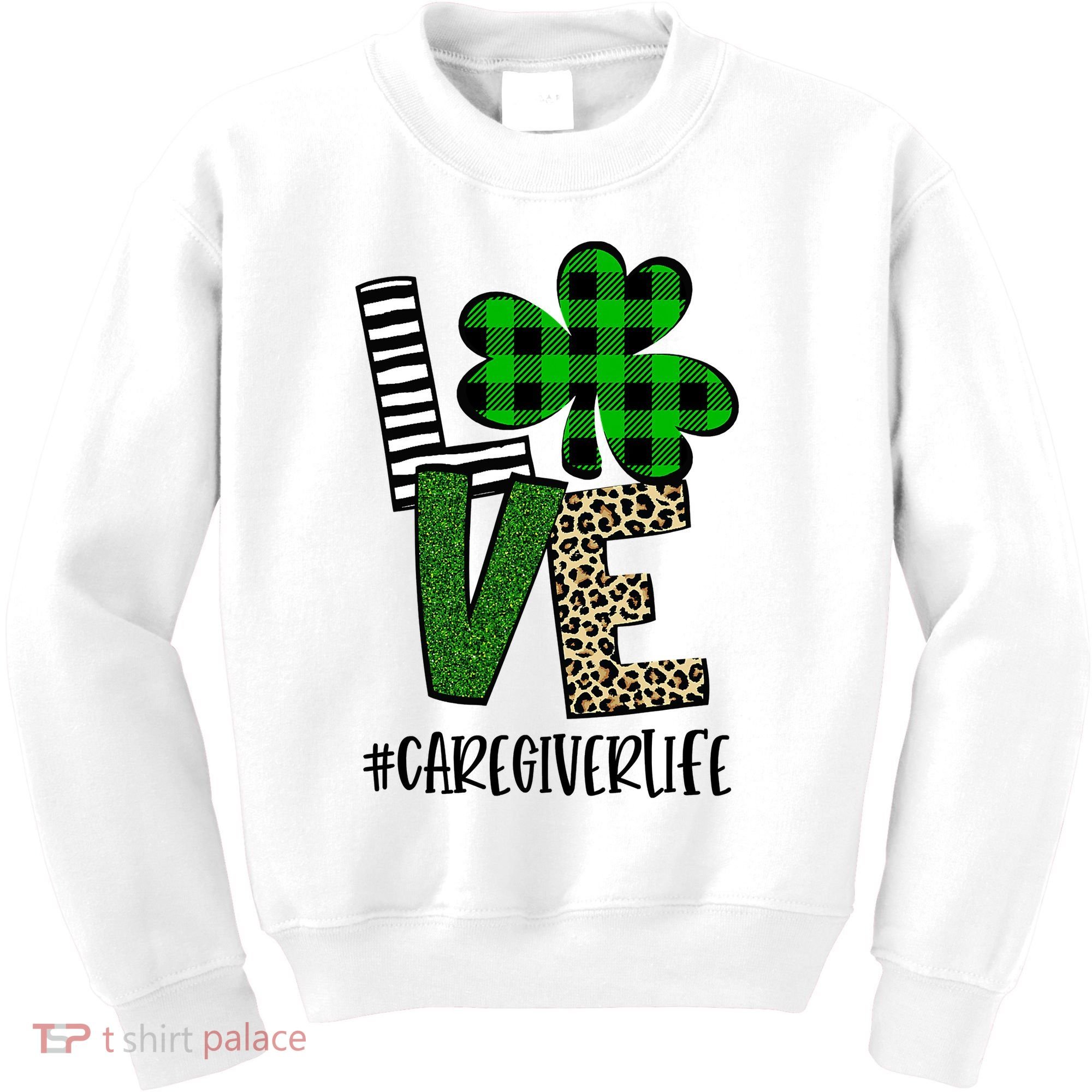 LOVE Caregiver Life St Patrick's Day Buffalo Plaid Shamrock Kids Sweatshirt