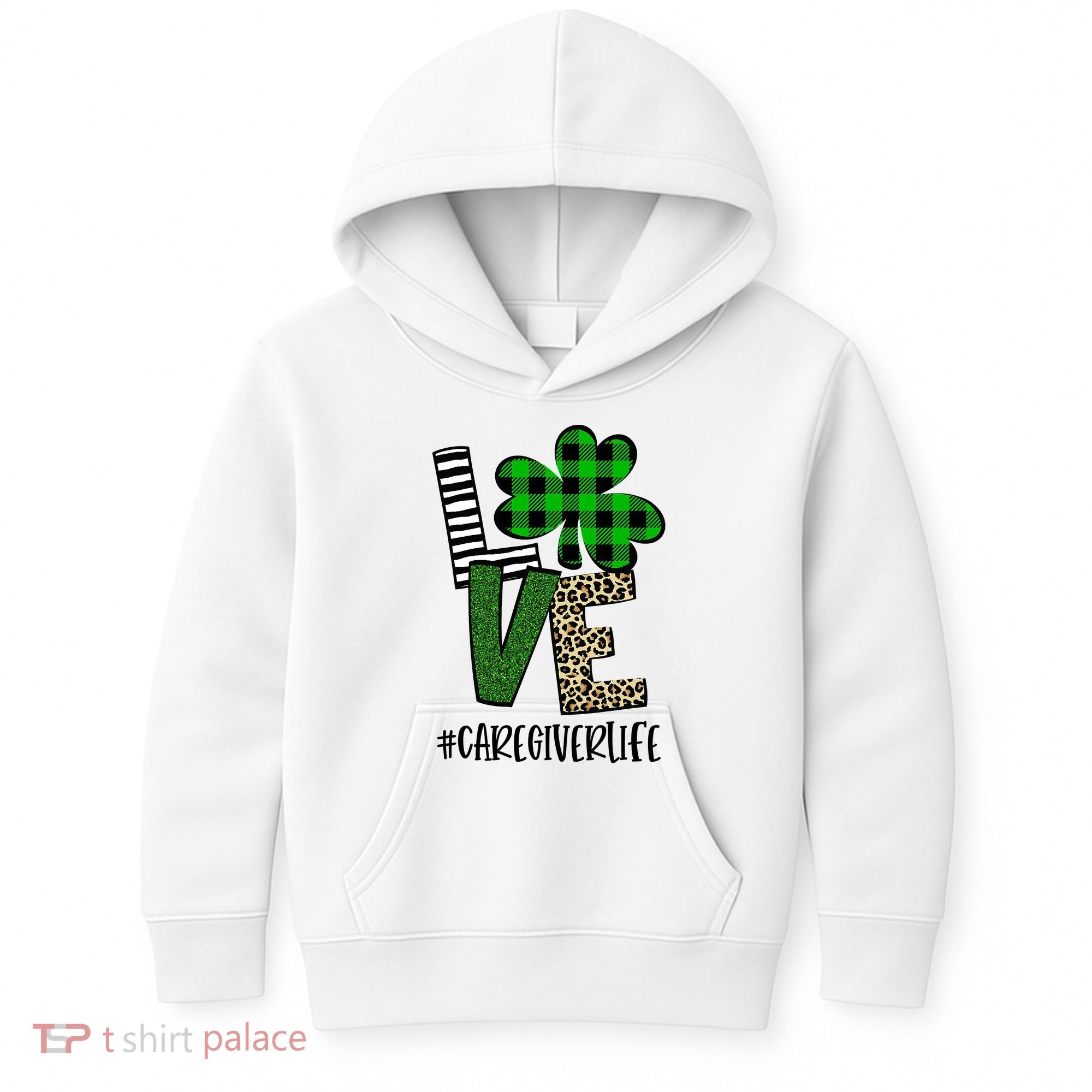 LOVE Caregiver Life St Patrick's Day Buffalo Plaid Shamrock Kids Hoodie