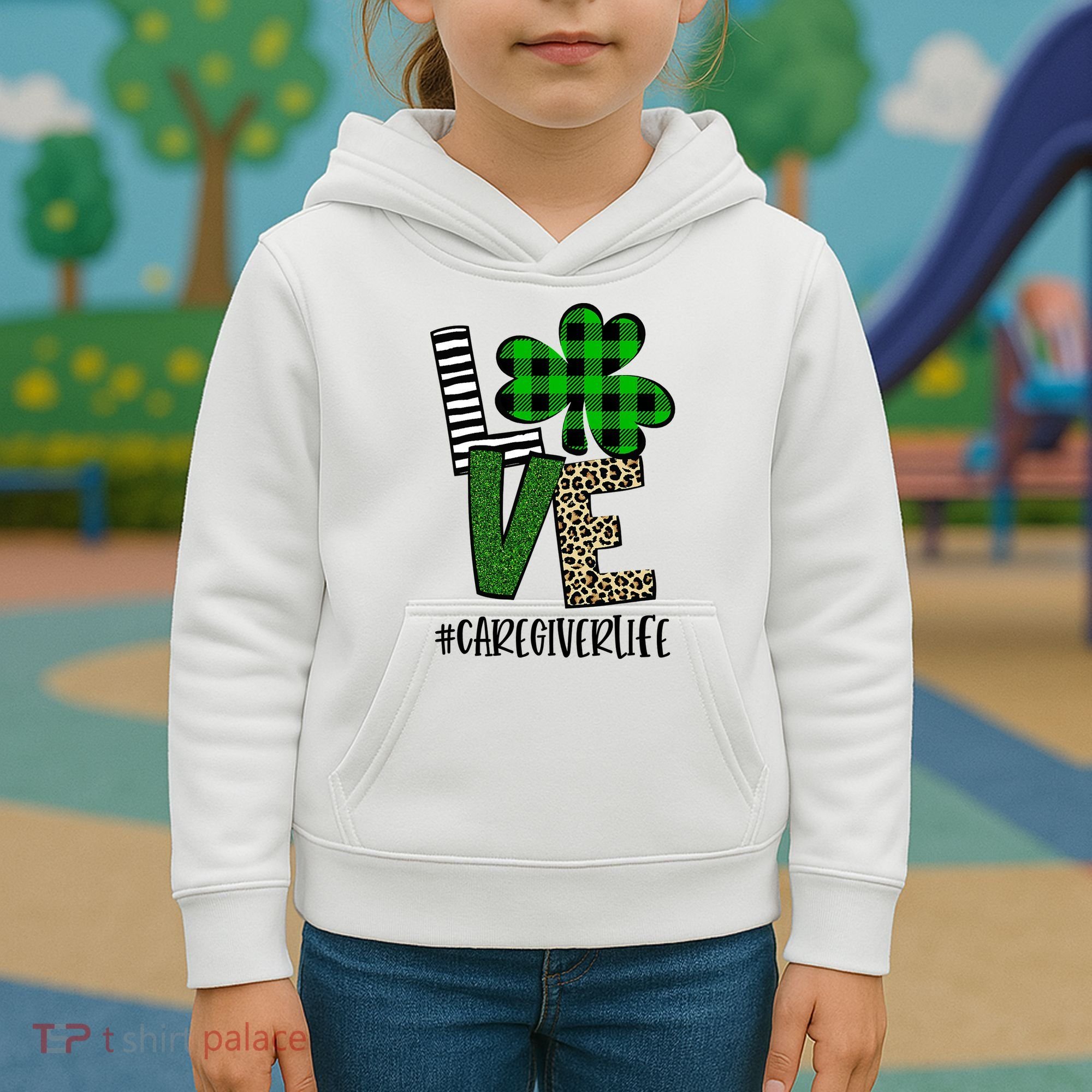 LOVE Caregiver Life St Patrick's Day Buffalo Plaid Shamrock Kids Hoodie