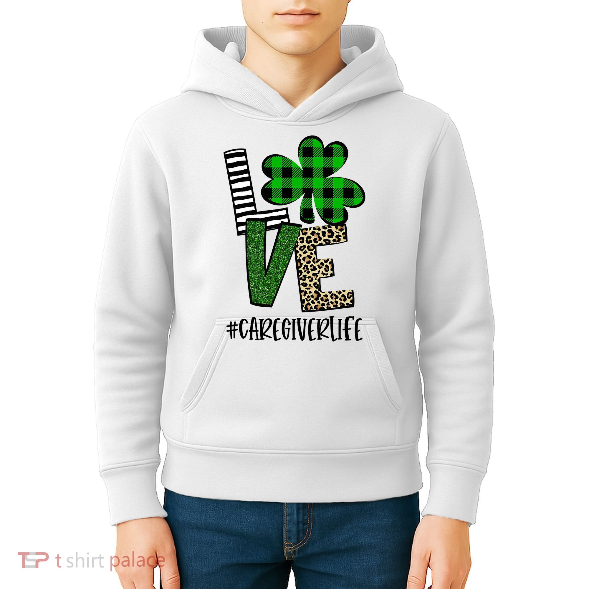 LOVE Caregiver Life St Patrick's Day Buffalo Plaid Shamrock Kids Hoodie