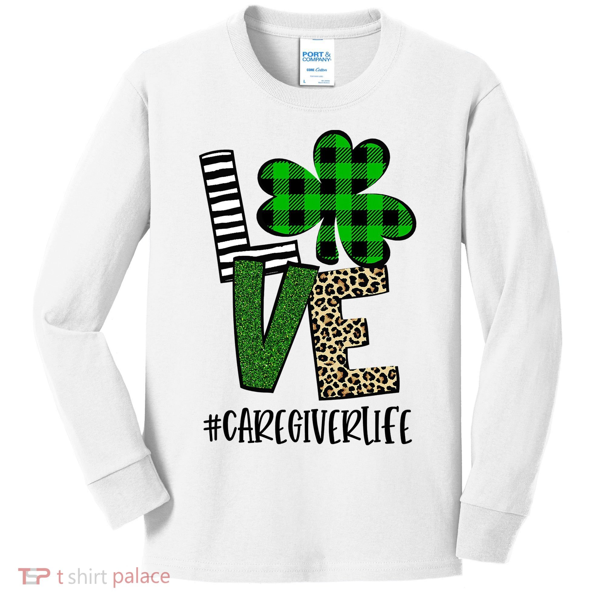 LOVE Caregiver Life St Patrick's Day Buffalo Plaid Shamrock Kids Long Sleeve Shirt
