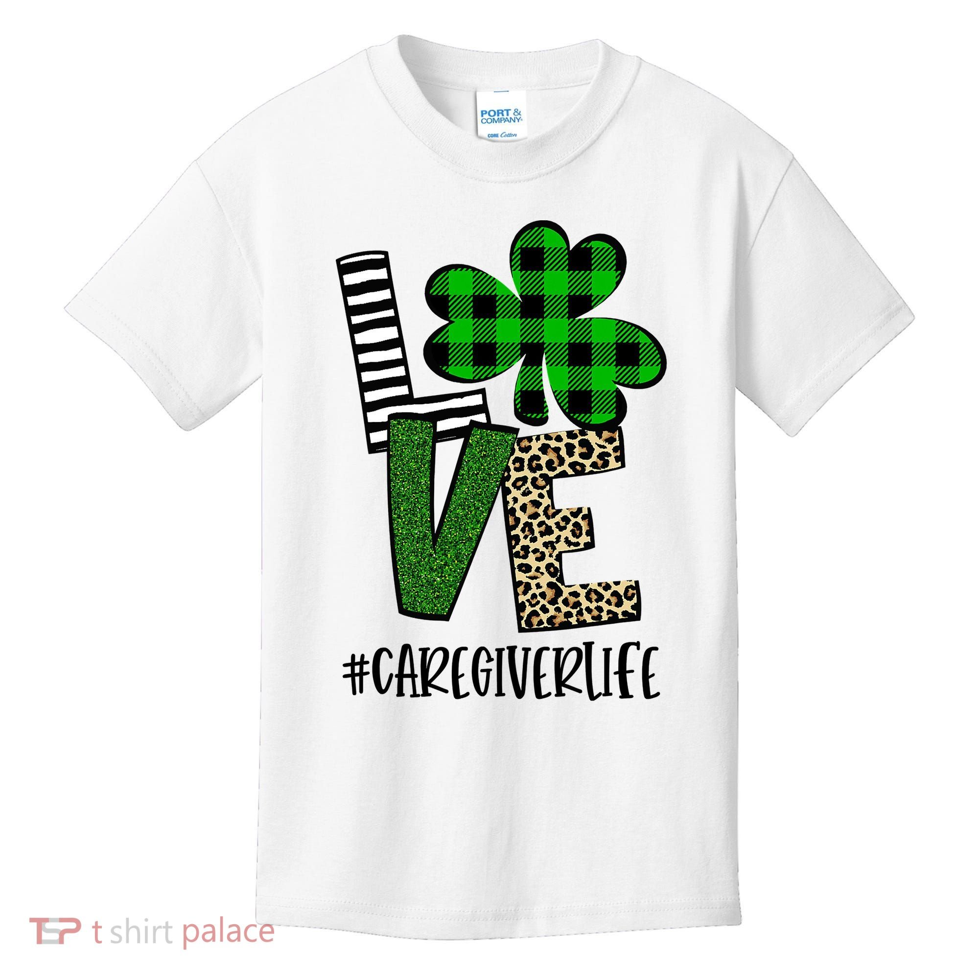 LOVE Caregiver Life St Patrick's Day Buffalo Plaid Shamrock Kids T-Shirt