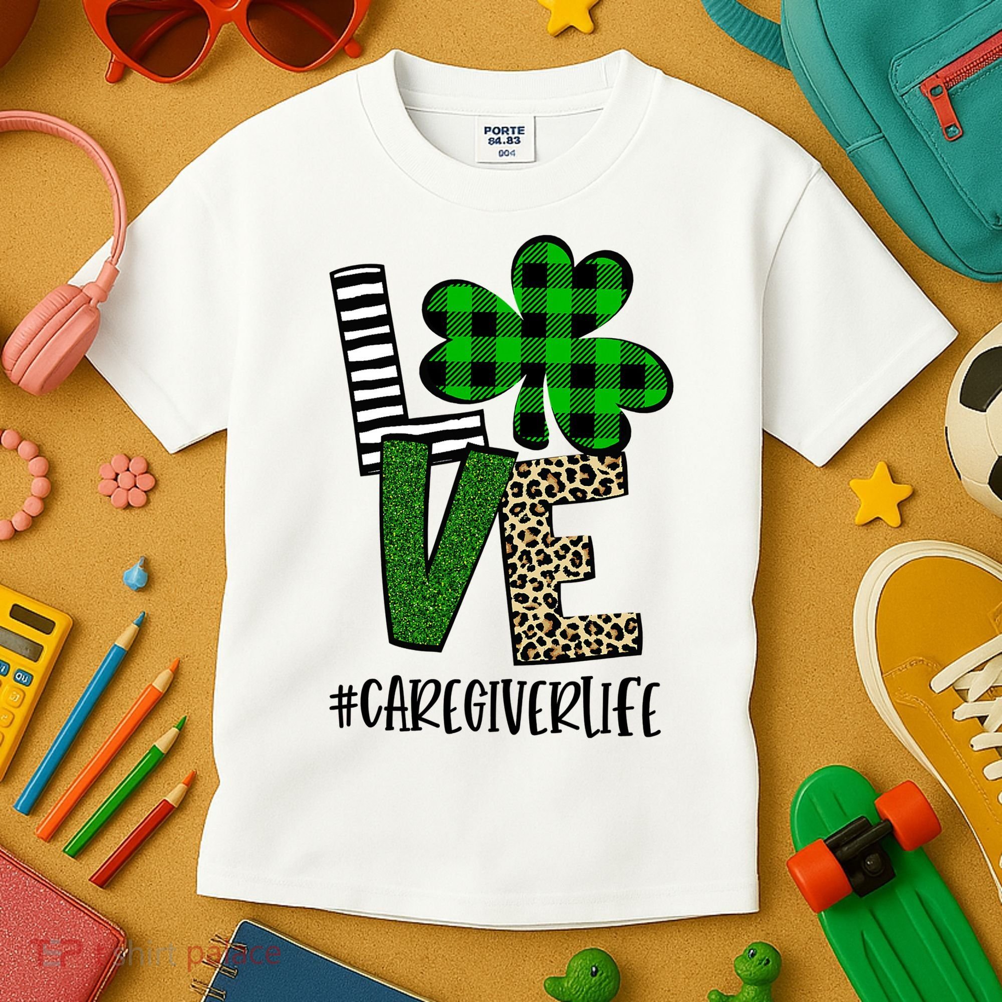 LOVE Caregiver Life St Patrick's Day Buffalo Plaid Shamrock Kids T-Shirt