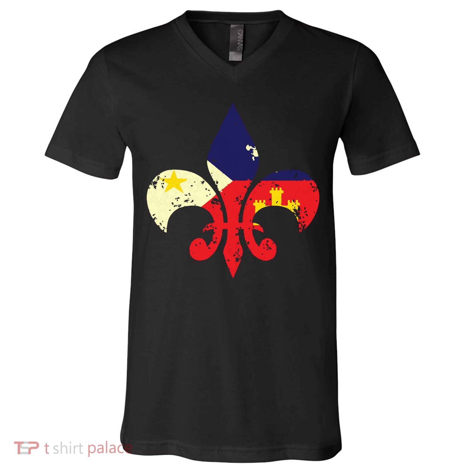 Louisiana Cajun Proud Acadiana Flag Distressed Fleur V-Neck T-Shirt