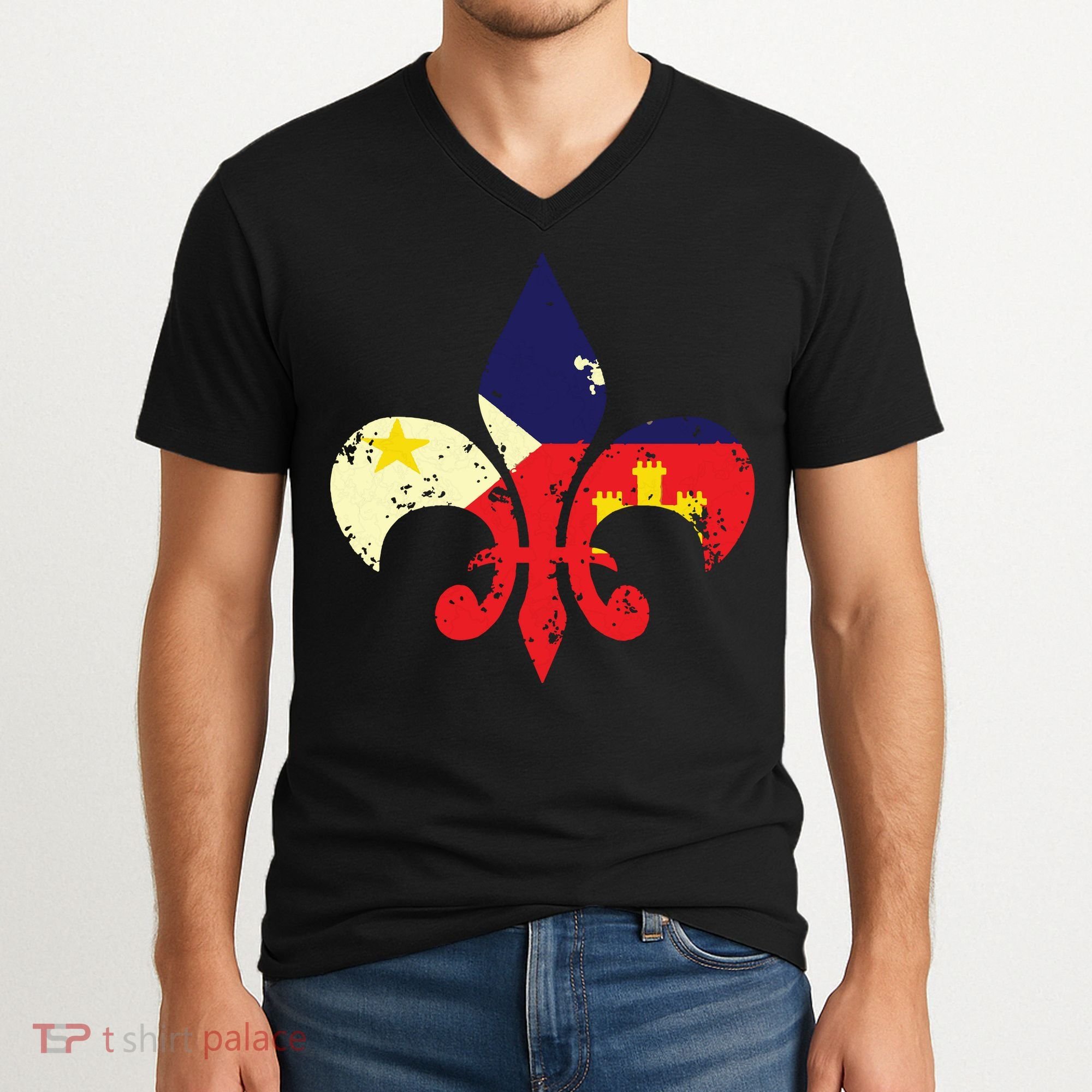 Louisiana Cajun Proud Acadiana Flag Distressed Fleur V-Neck T-Shirt
