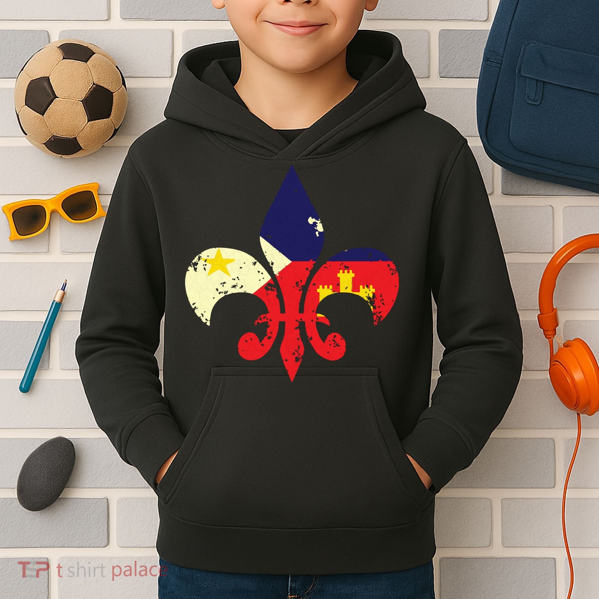 Louisiana Cajun Proud Acadiana Flag Distressed Fleur Kids Hoodie