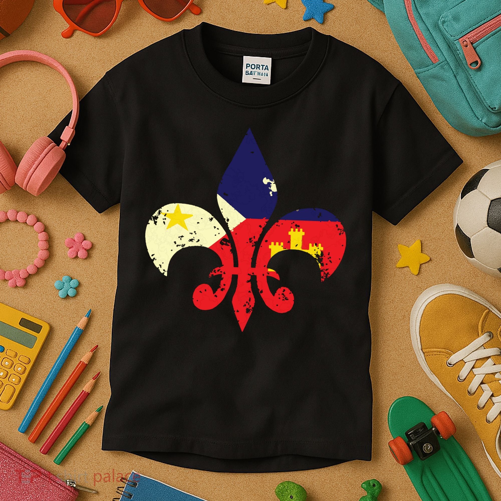 Louisiana Cajun Proud Acadiana Flag Distressed Fleur Kids T-Shirt