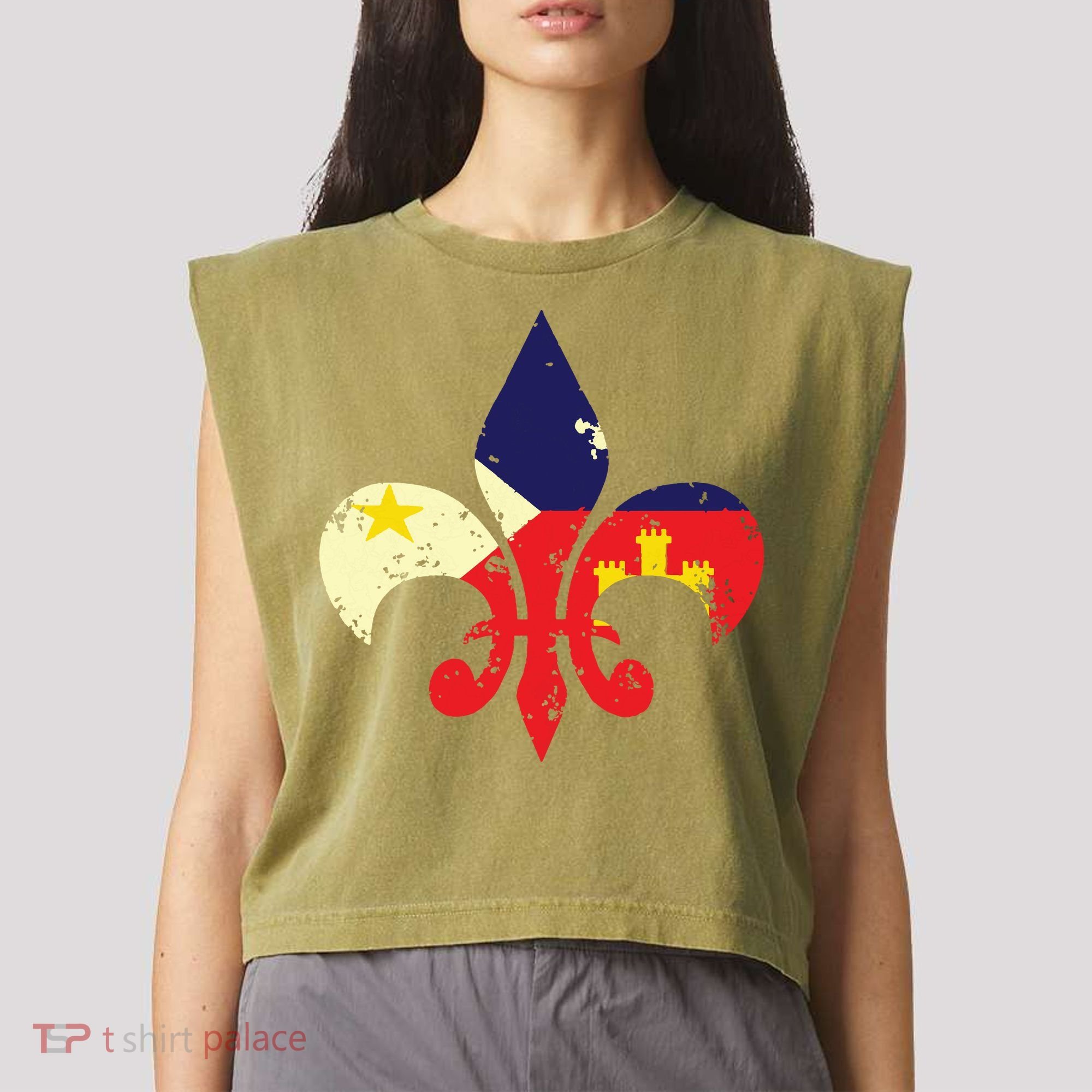 Louisiana Cajun Proud Acadiana Flag Distressed Fleur Garment-Dyed Women's Muscle Tee