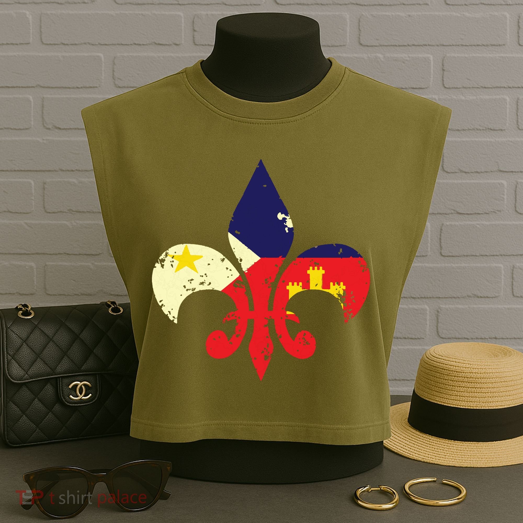 Louisiana Cajun Proud Acadiana Flag Distressed Fleur Garment-Dyed Women's Muscle Tee