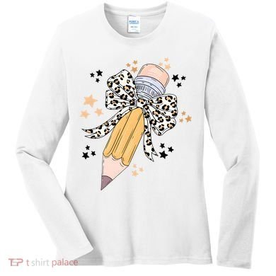 Leopard Coquette Pencil Teacher Student Women's Long Sleeve Shirt