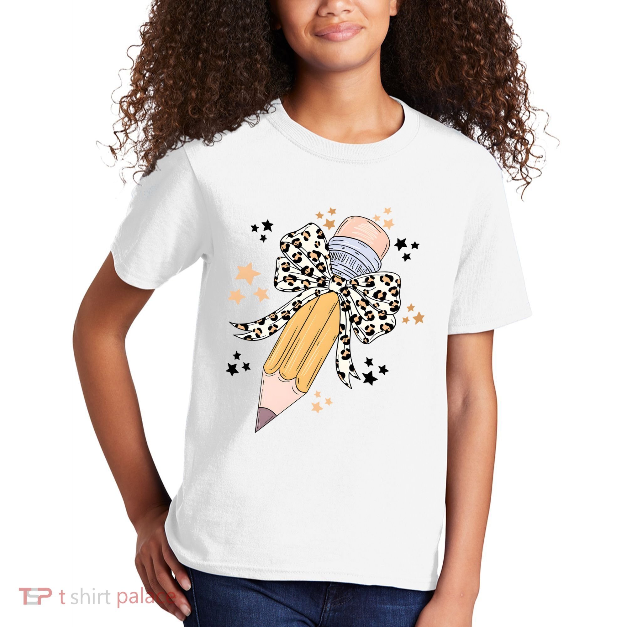 Leopard Coquette Pencil Teacher Student Kids T-Shirt