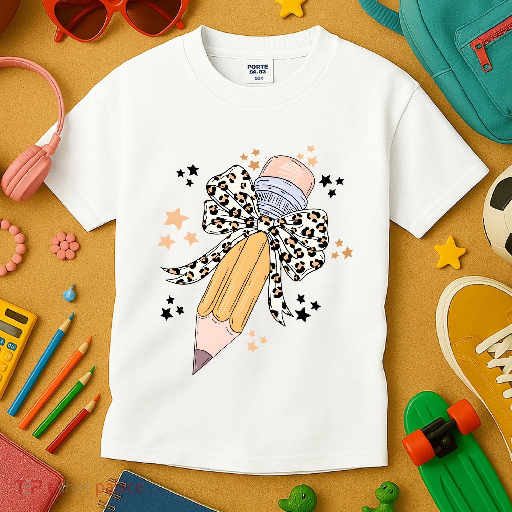 Leopard Coquette Pencil Teacher Student Kids T-Shirt