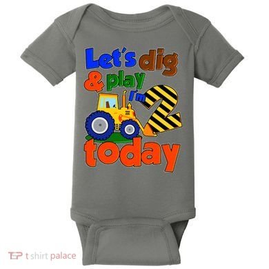 Let's Dig And Play I'm 2 Two Today 2nd Birthday Party Excavator Baby Bodysuit