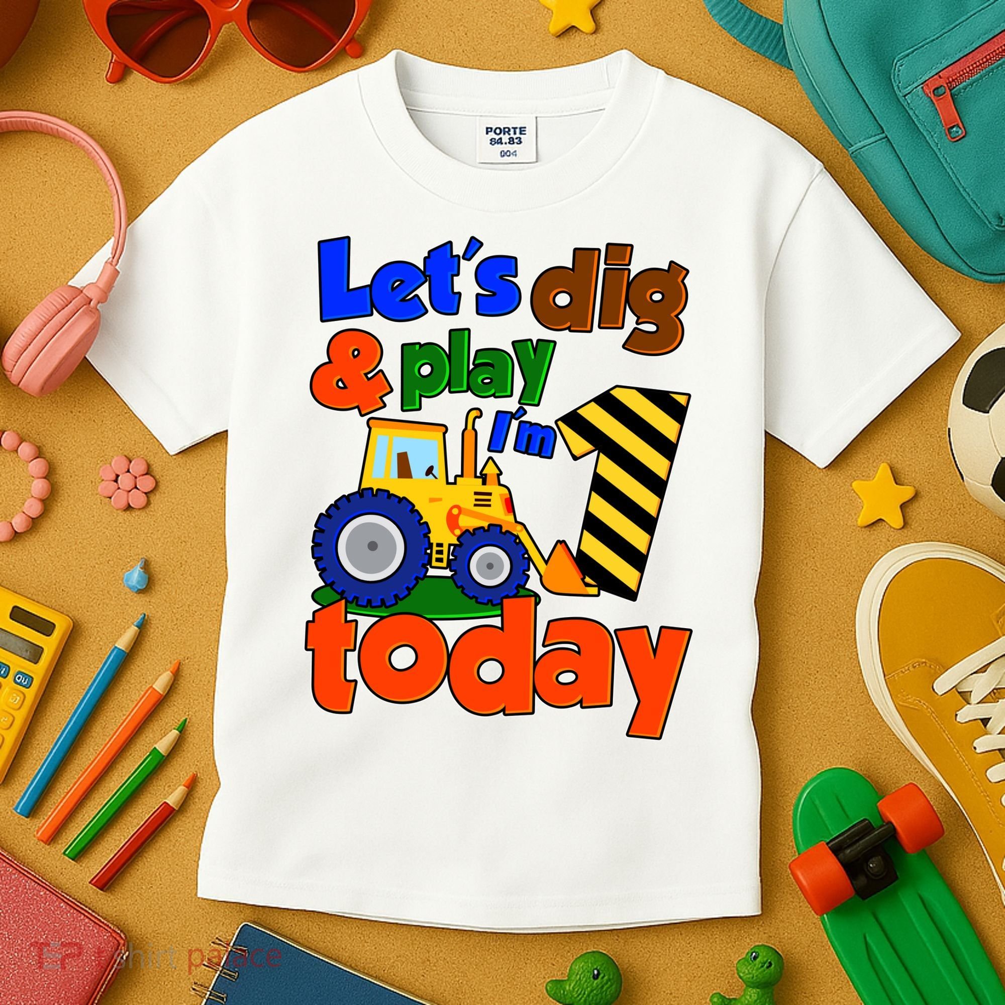 Let's Dig And Play I'm 1 One Today 1st Birthday Party Excavator Kids T-Shirt