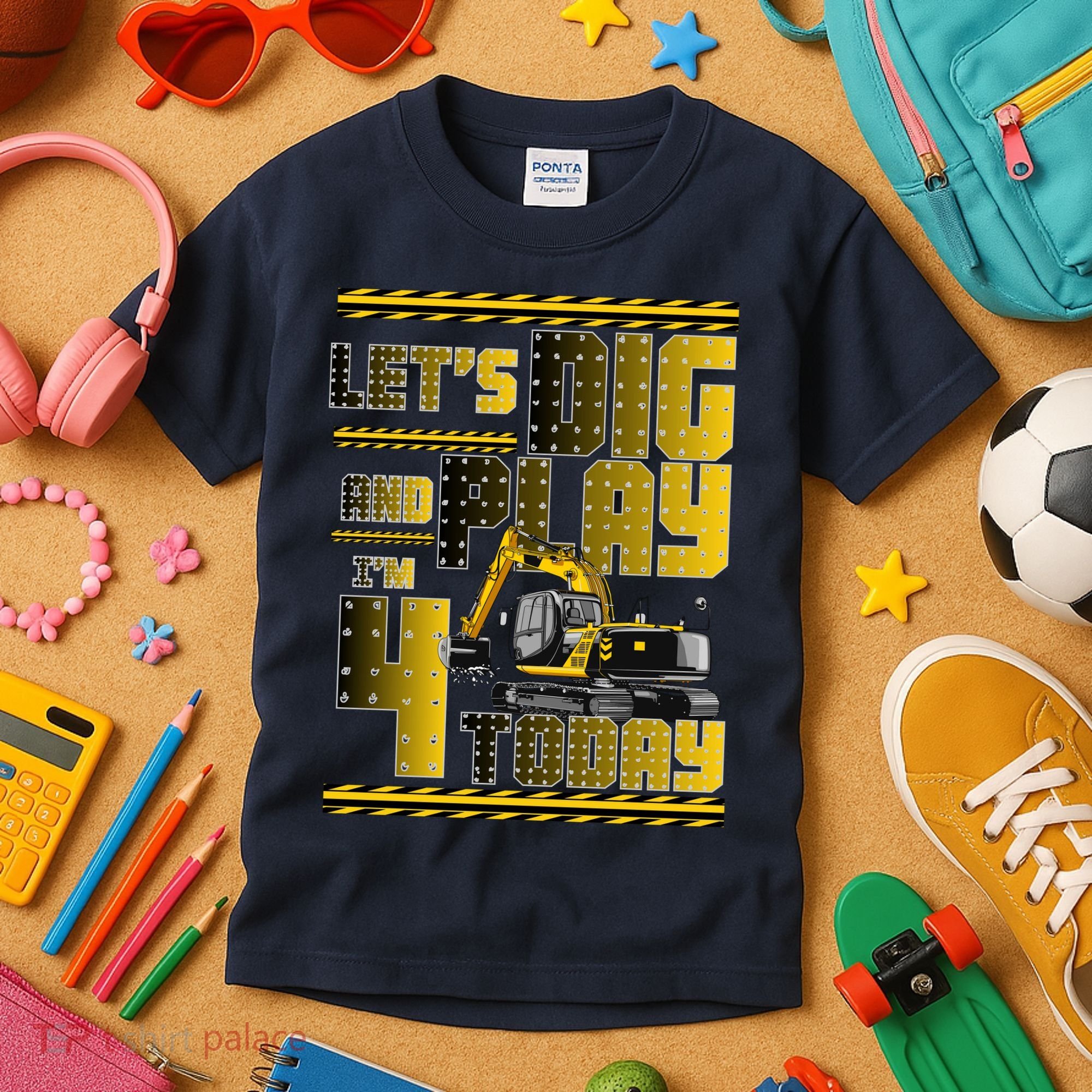 Let's Dig And Play I'm 4 Today 4th Birthday Party Excavator Kids T-Shirt