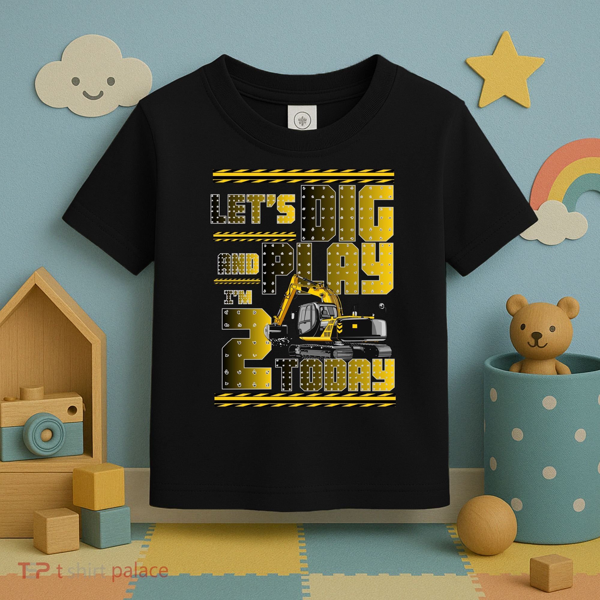 Let's Dig And Play I'm 2 Today 2nd Birthday Party Excavator Toddler T-Shirt