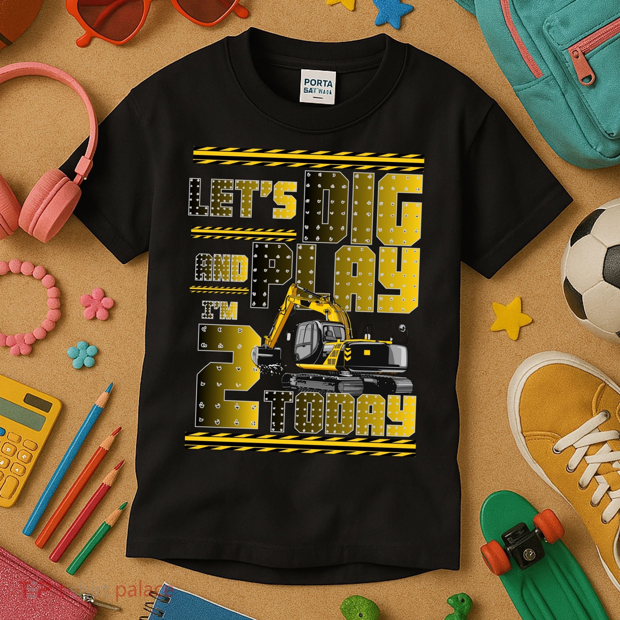 Let's Dig And Play I'm 2 Today 2nd Birthday Party Excavator Kids T-Shirt
