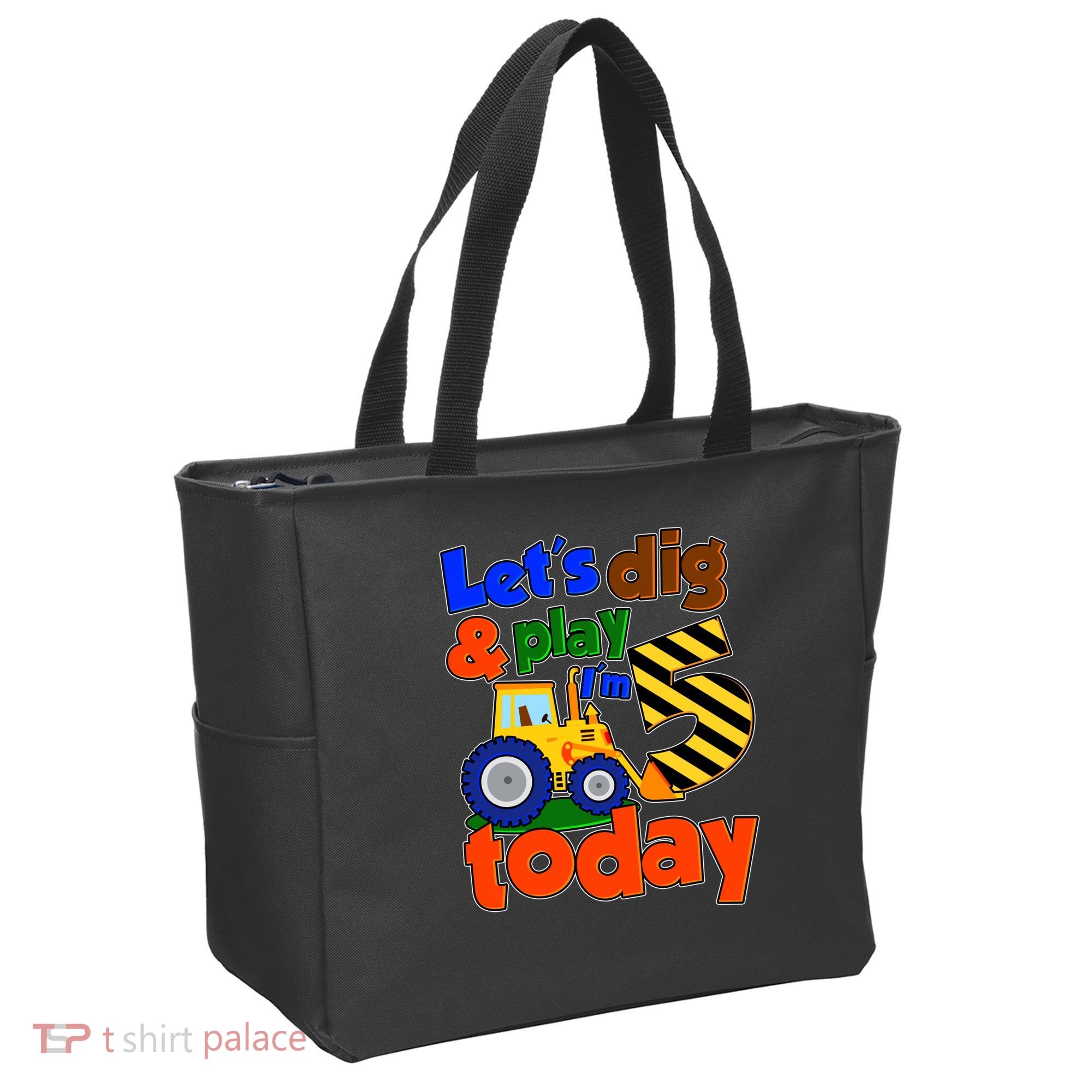 Let's Dig And Play I'm 5 Five Today 5th Birthday Party Excavator Tote Bag