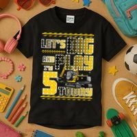 Let's Dig And Play I'm Five 5 Today 5th Birthday Party Excavator Kids T-Shirt thumb 3