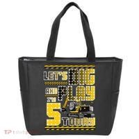 Let's Dig And Play I'm Five 5 Today 5th Birthday Party Excavator Tote Bag thumb 0