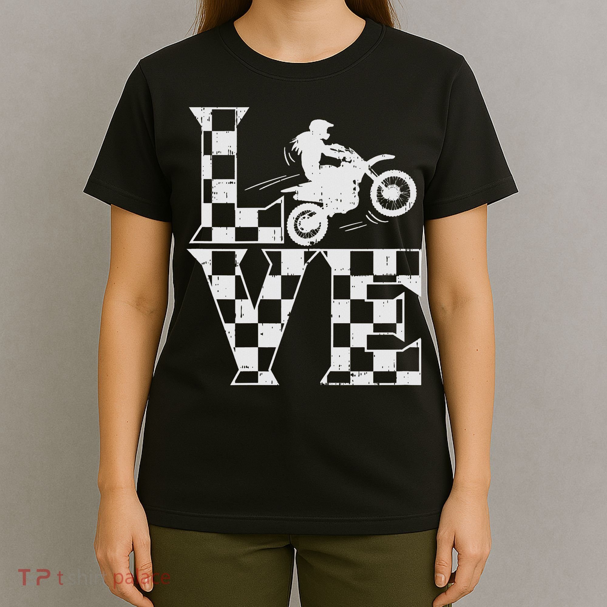 Love Dirt Bike Girl Checkered Flag Motocross Track Race Gift T-Shirt