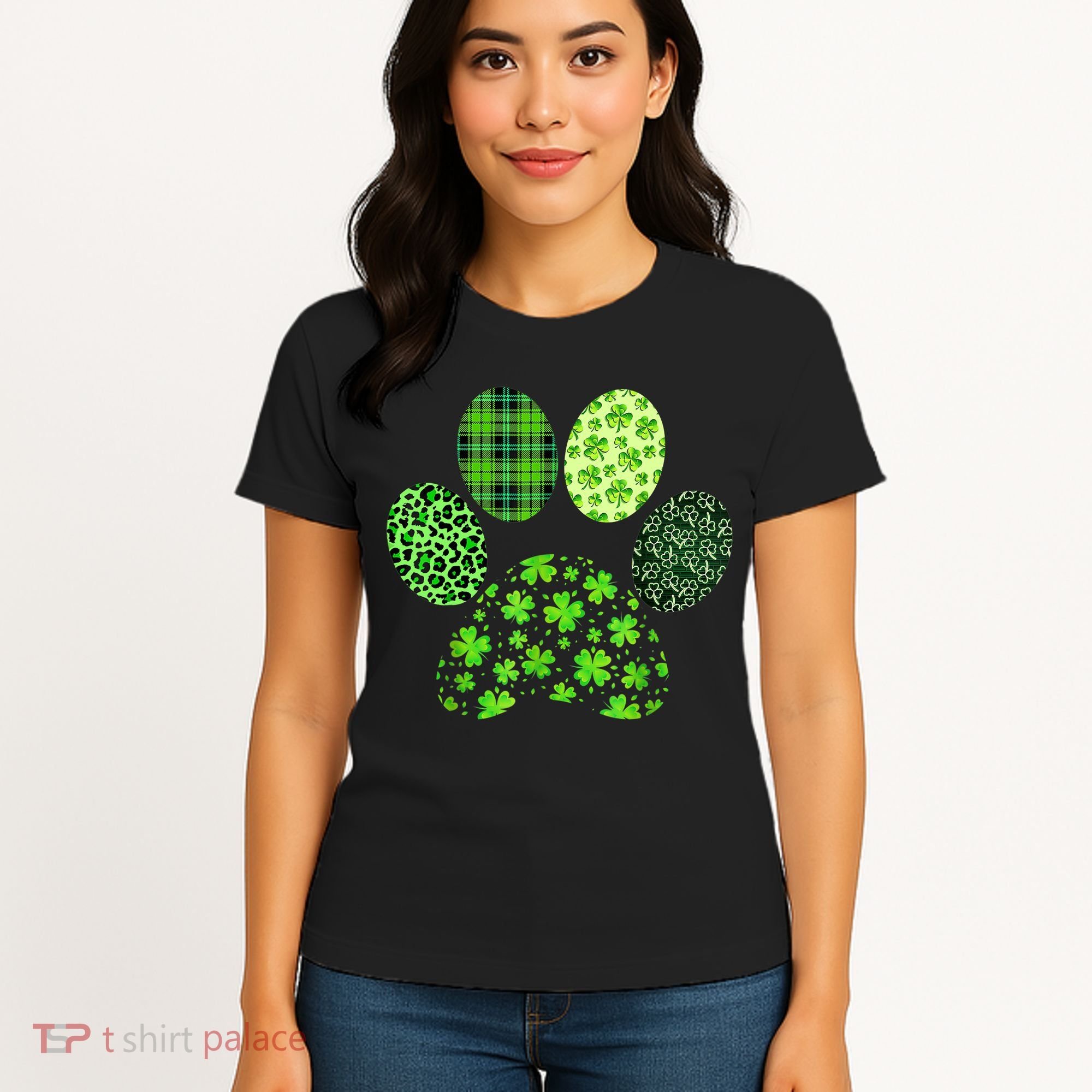 Lucky Dog Paw Irish Shamrocks Cute Dog Paw St Patrick's Day Women's T-Shirt