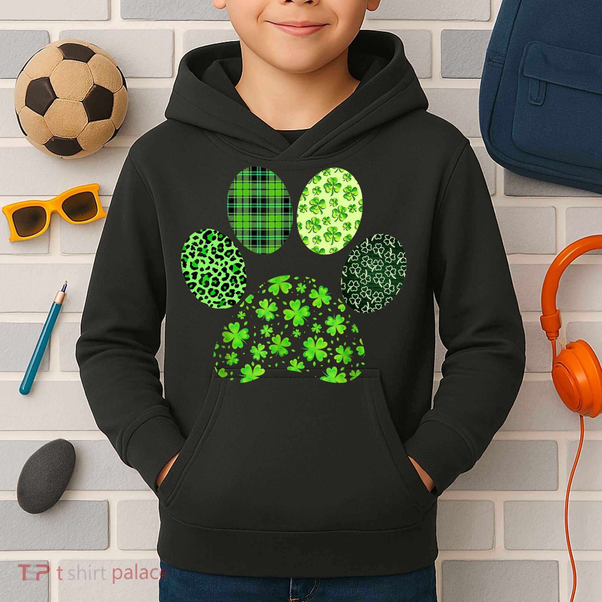 Lucky Dog Paw Irish Shamrocks Cute Dog Paw St Patrick's Day Kids Hoodie