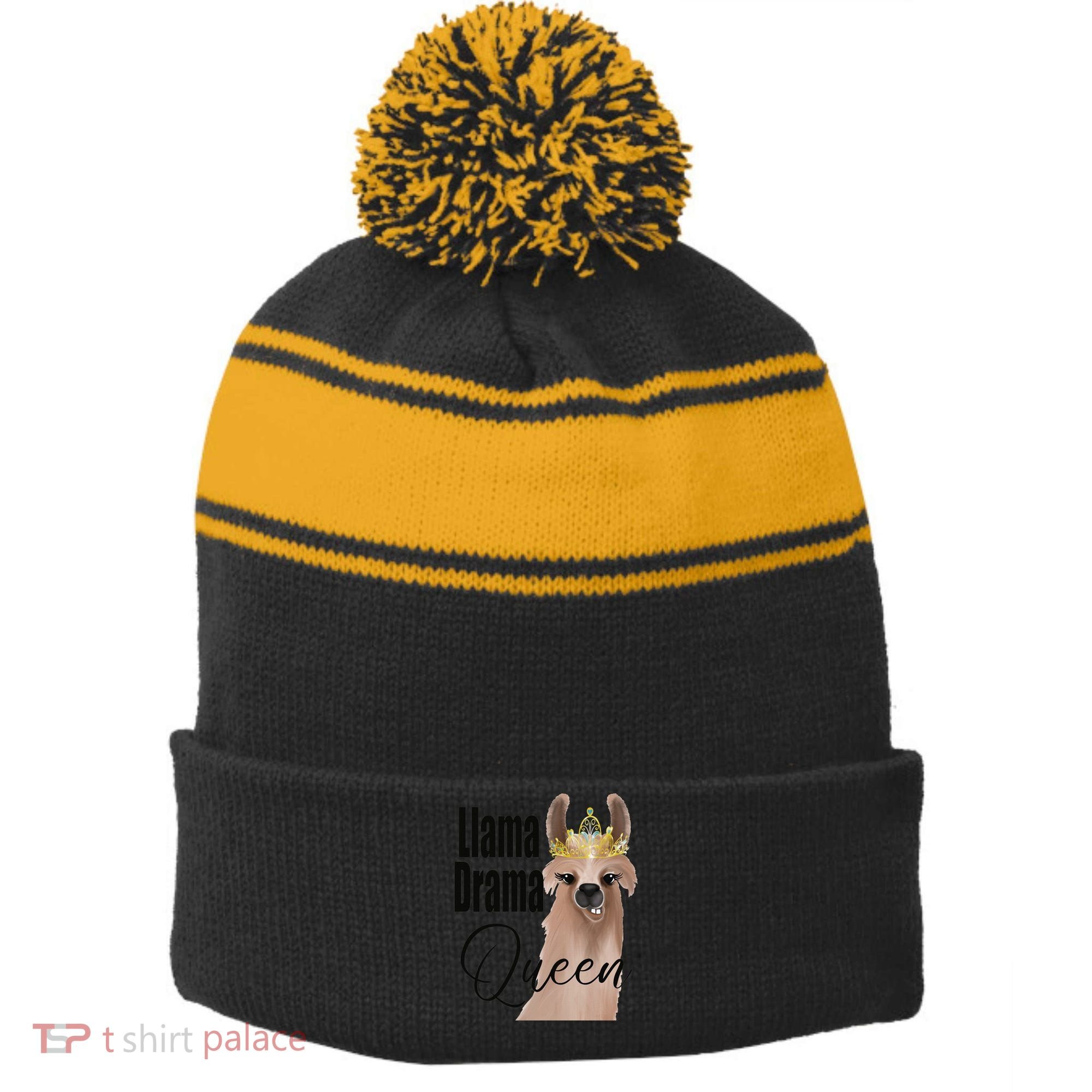 Llama Drama Queen Featuring An Adorable Llama With Crown_1 Gift Stripe Pom Pom Beanie