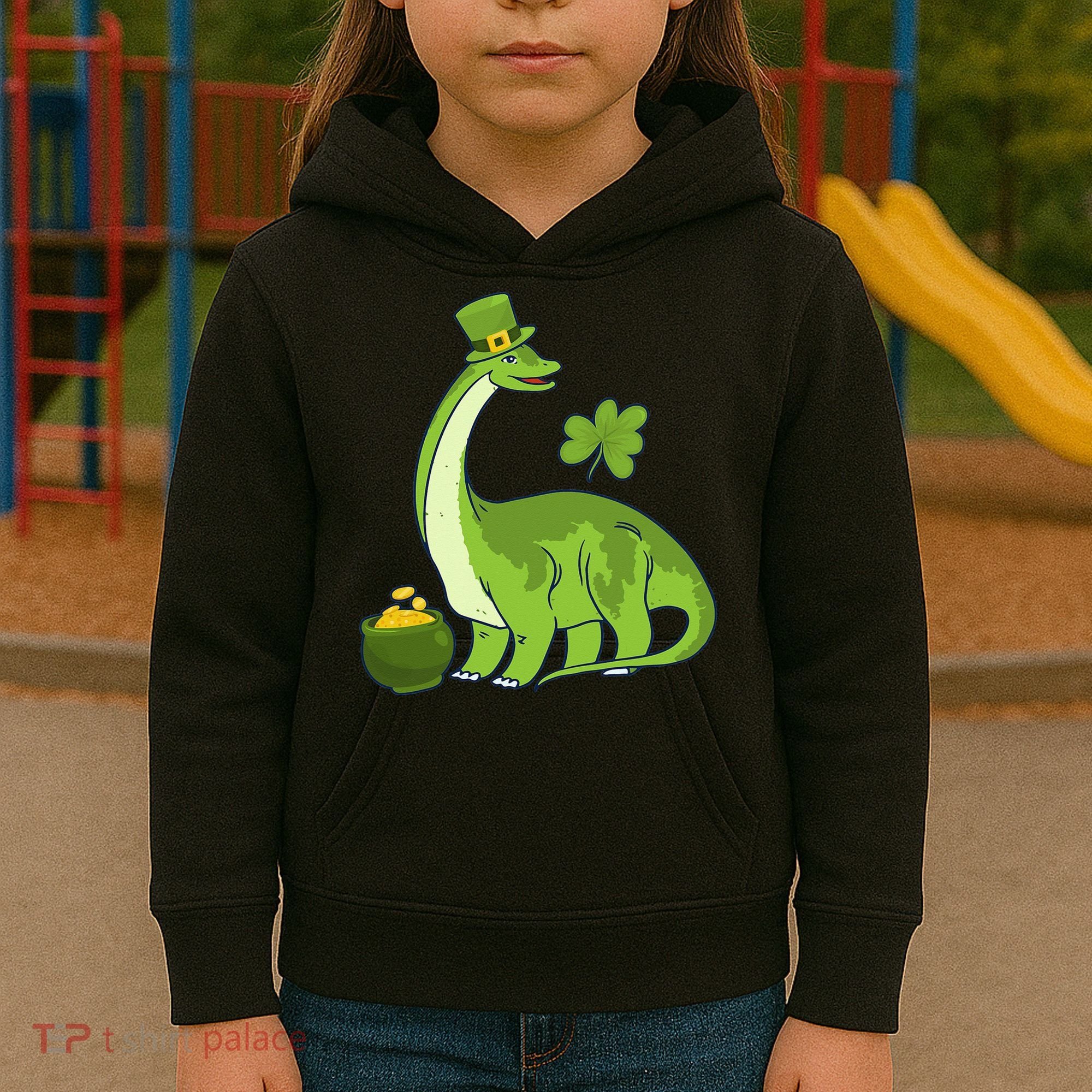 Leprechaun Dinosaur Shamrock St Patricks Day Animal Irish Kids Hoodie