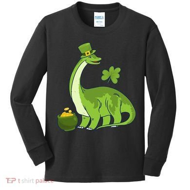 Leprechaun Dinosaur Shamrock St Patricks Day Animal Irish Kids Long Sleeve Shirt
