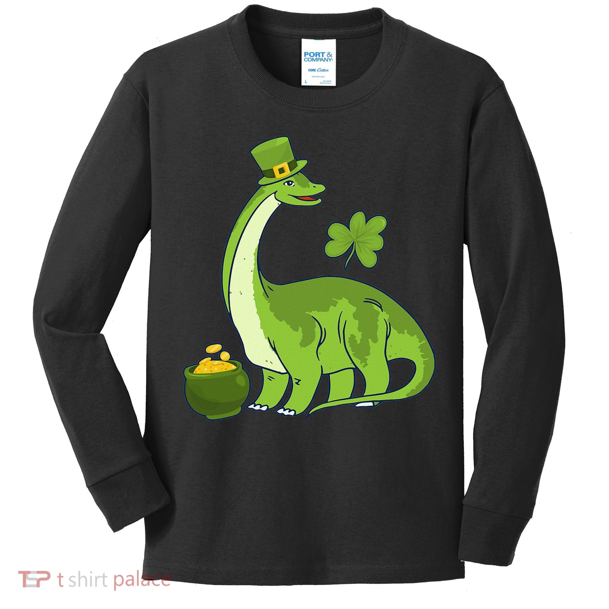 Leprechaun Dinosaur Shamrock St Patricks Day Animal Irish Kids Long Sleeve Shirt