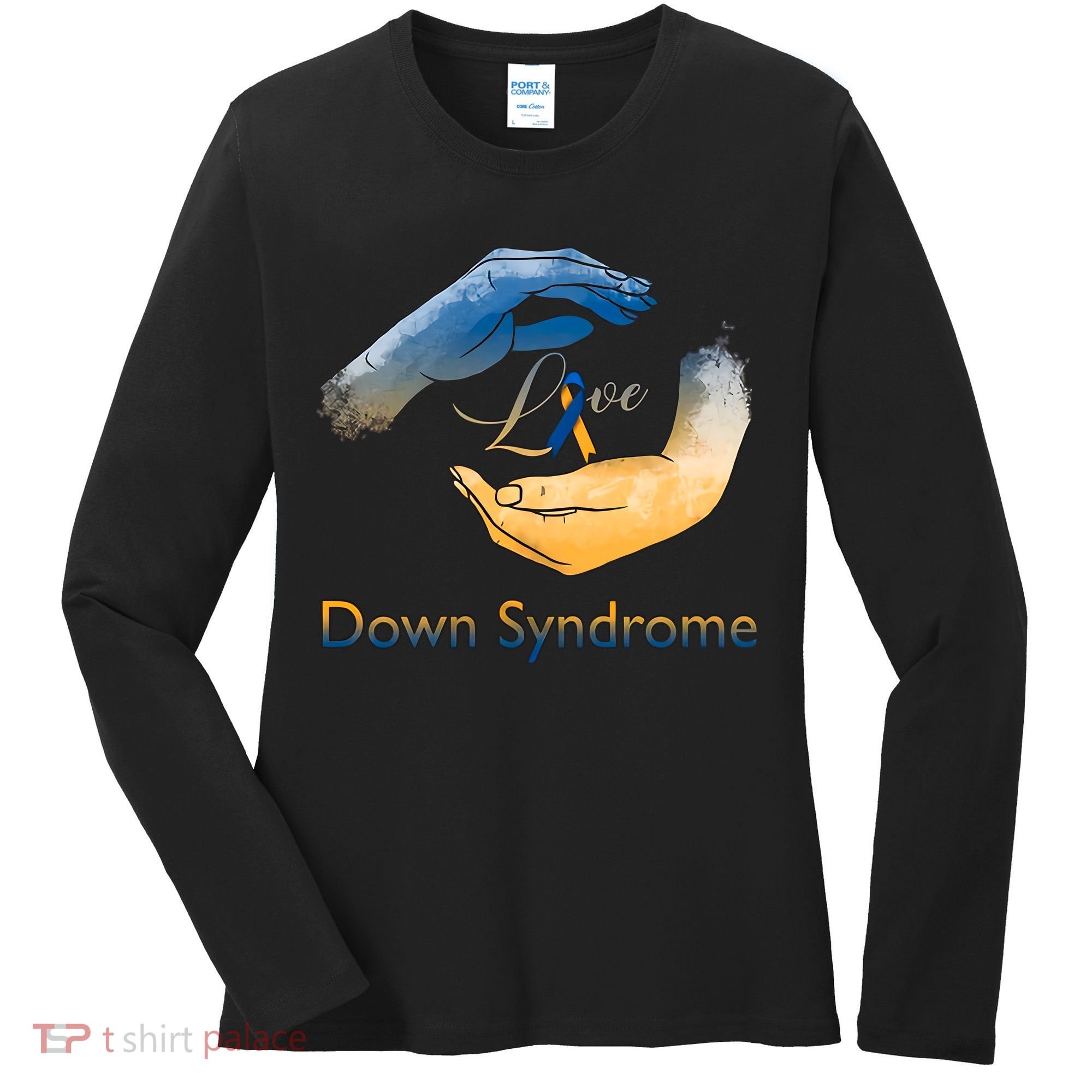 Love Down Syndrome Awareness Gold Blue Ribbon Down Syndrome Warrior Women's Long Sleeve Shirt