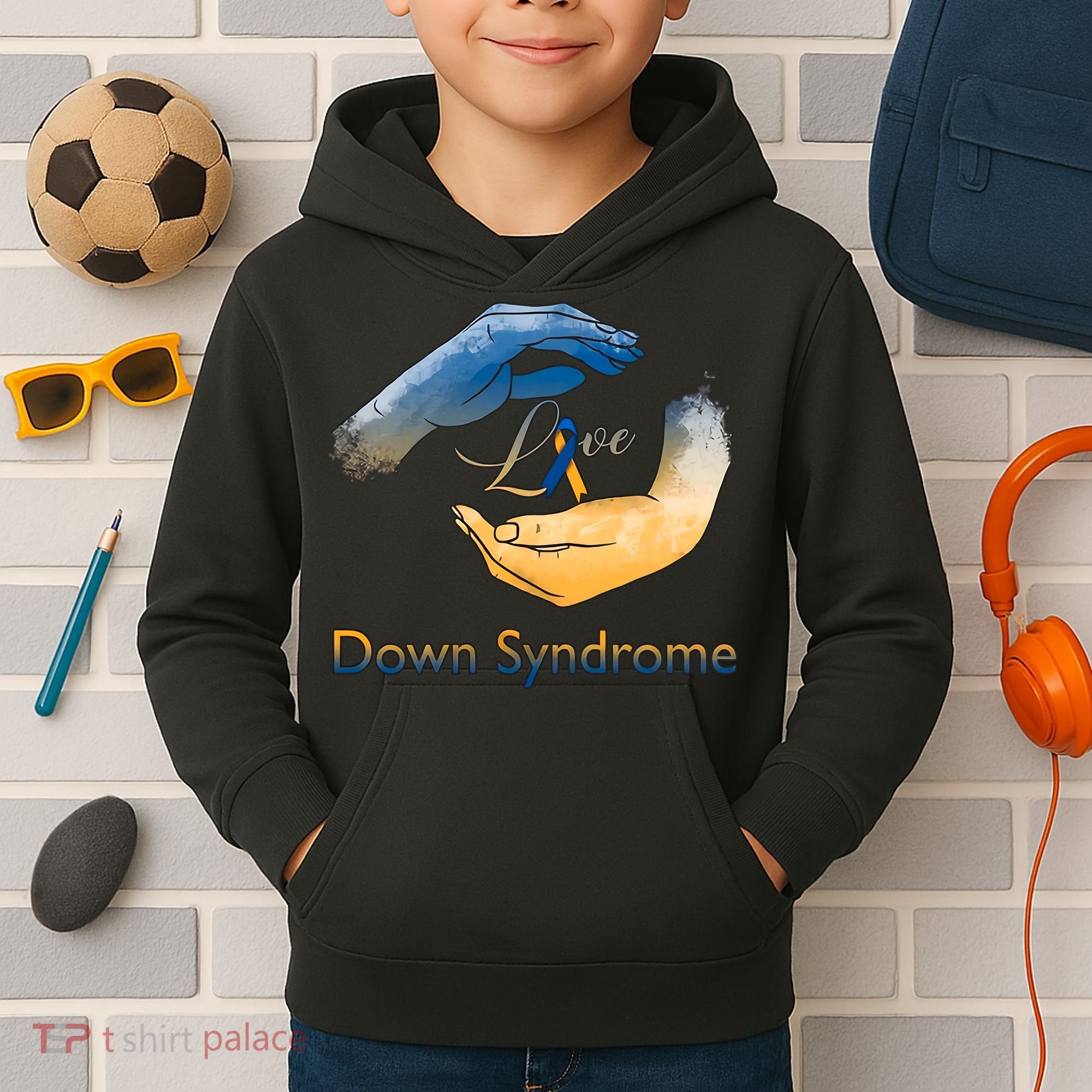 Love Down Syndrome Awareness Gold Blue Ribbon Down Syndrome Warrior Kids Hoodie