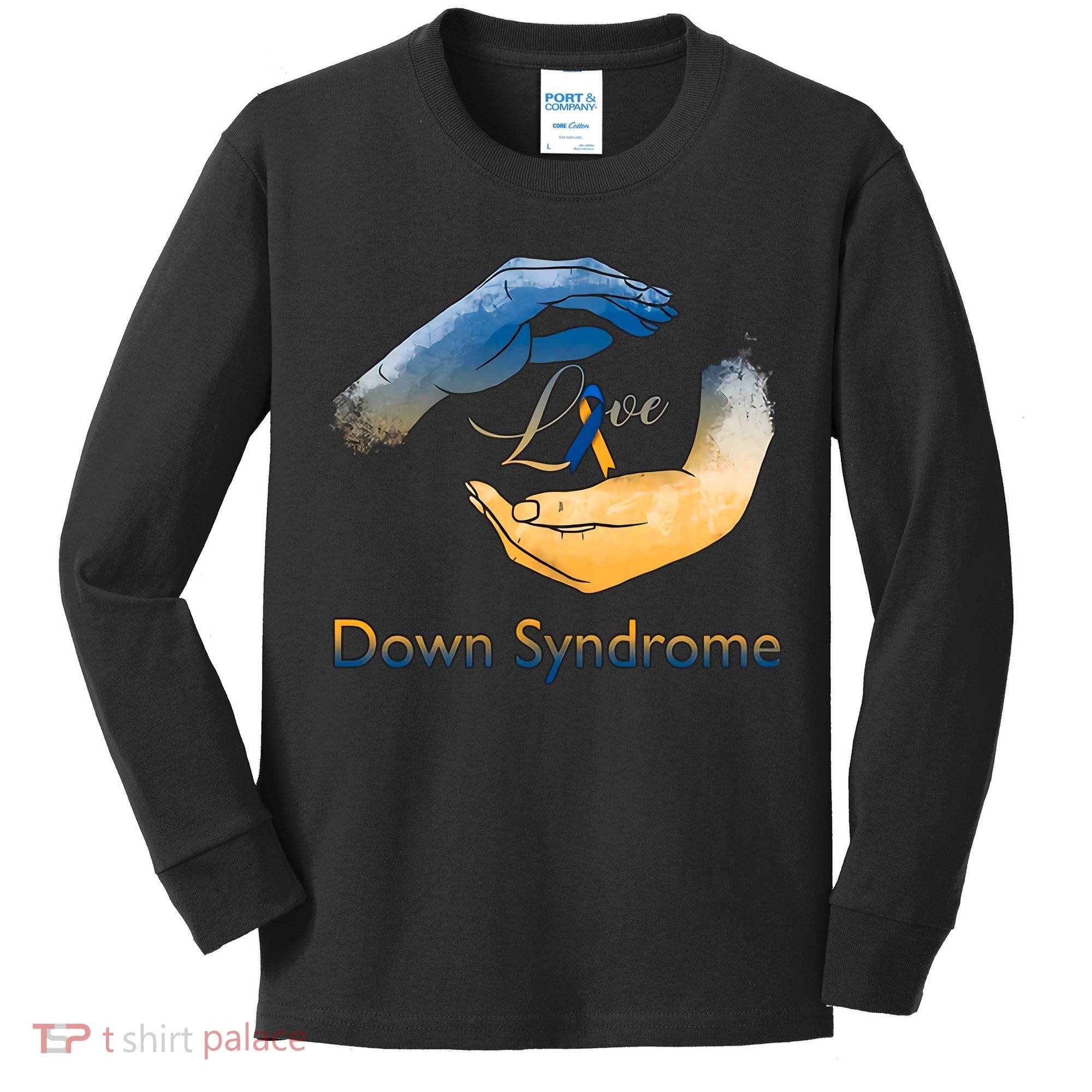 Love Down Syndrome Awareness Gold Blue Ribbon Down Syndrome Warrior Kids Long Sleeve Shirt
