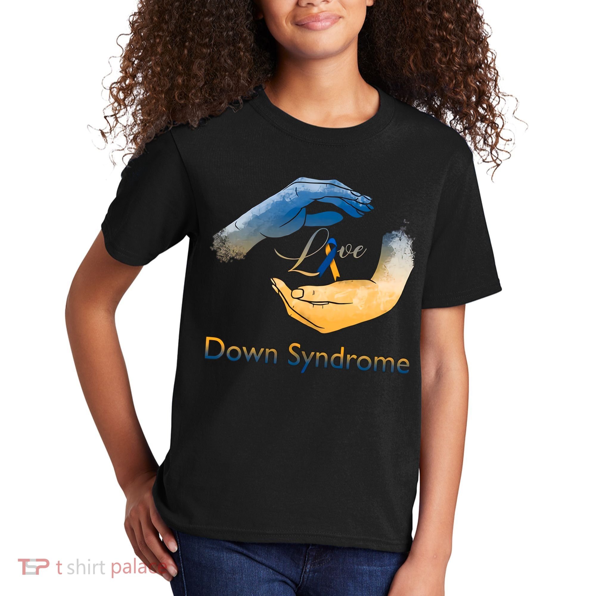 Love Down Syndrome Awareness Gold Blue Ribbon Down Syndrome Warrior Kids T-Shirt
