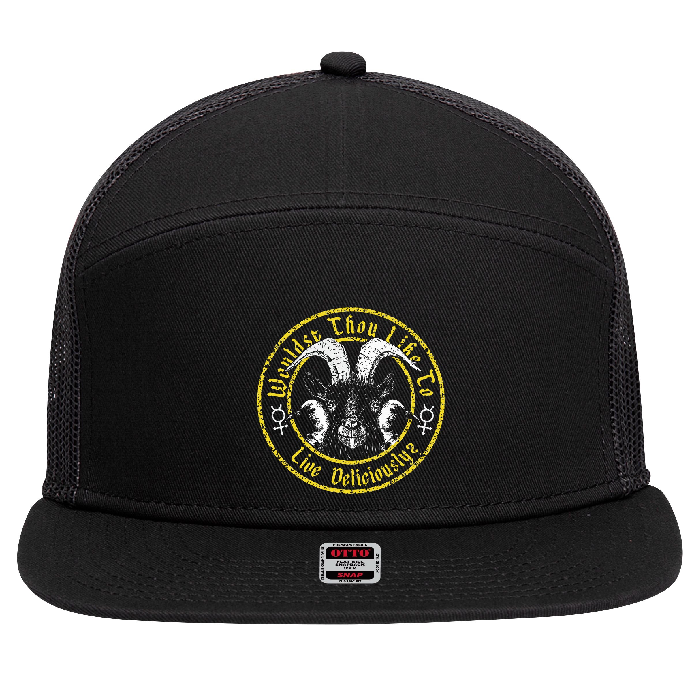 Live Deliciously Vintage Cartoon Goat Black P.H.I.L.L.I.P 7 Panel Mesh Trucker Snapback Hat