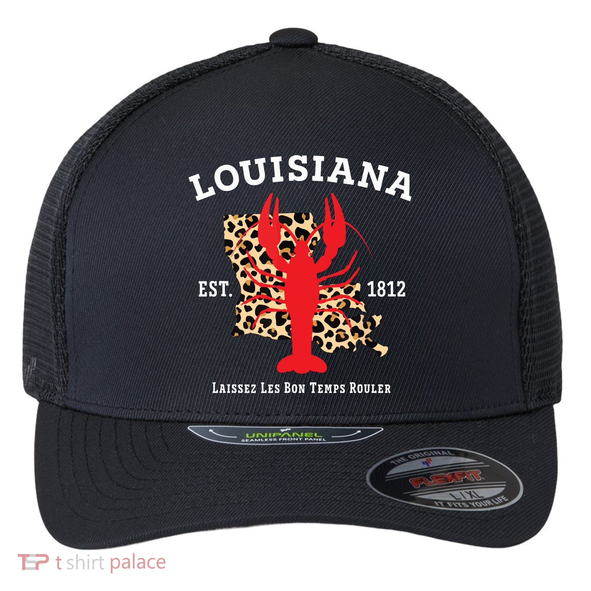 Louisiana Est 1812 Crawfish Leopard New Orleans Mardi Gras Flexfit Unipanel Trucker Cap