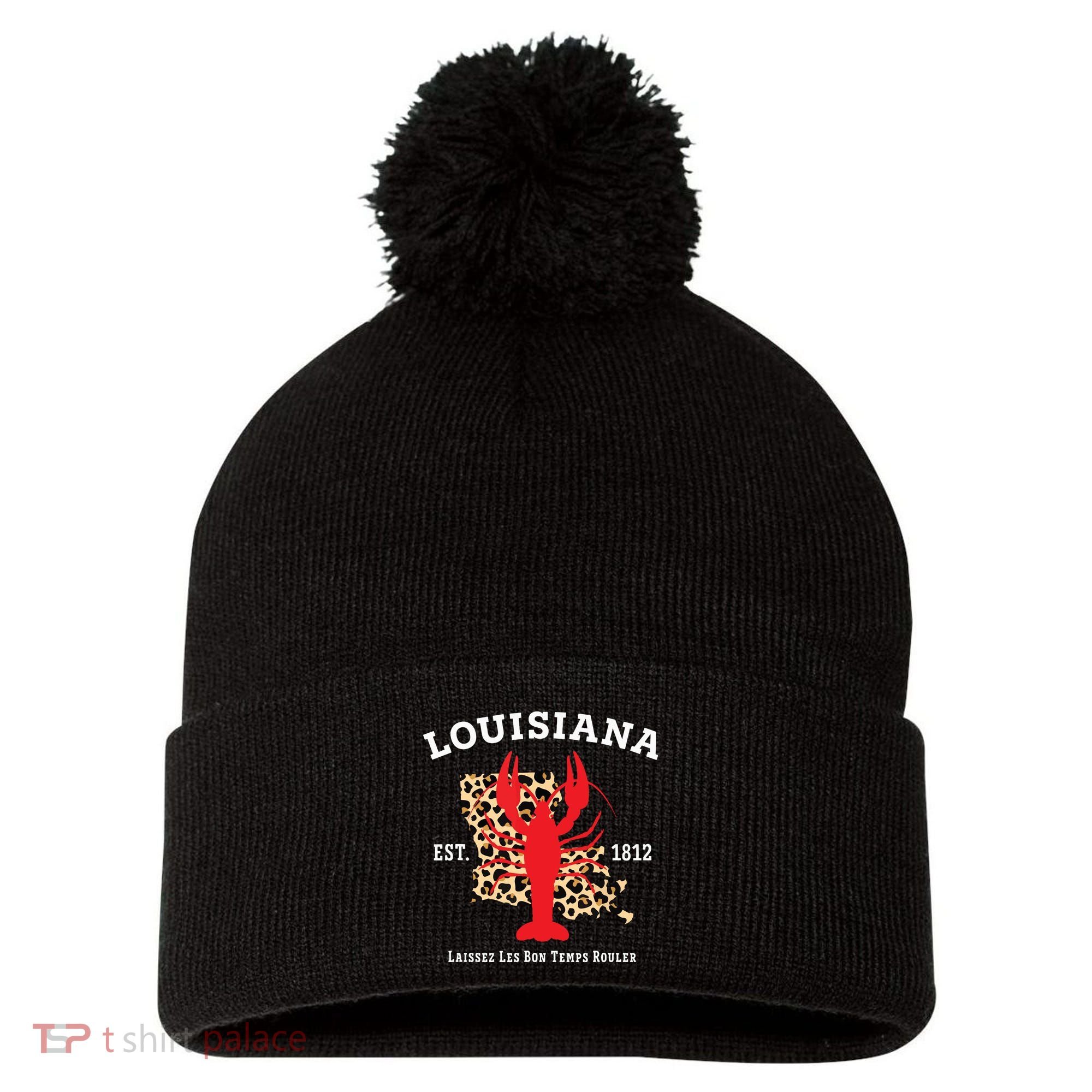 Louisiana Est 1812 Crawfish Leopard New Orleans Mardi Gras Pom Pom 12in Knit Beanie