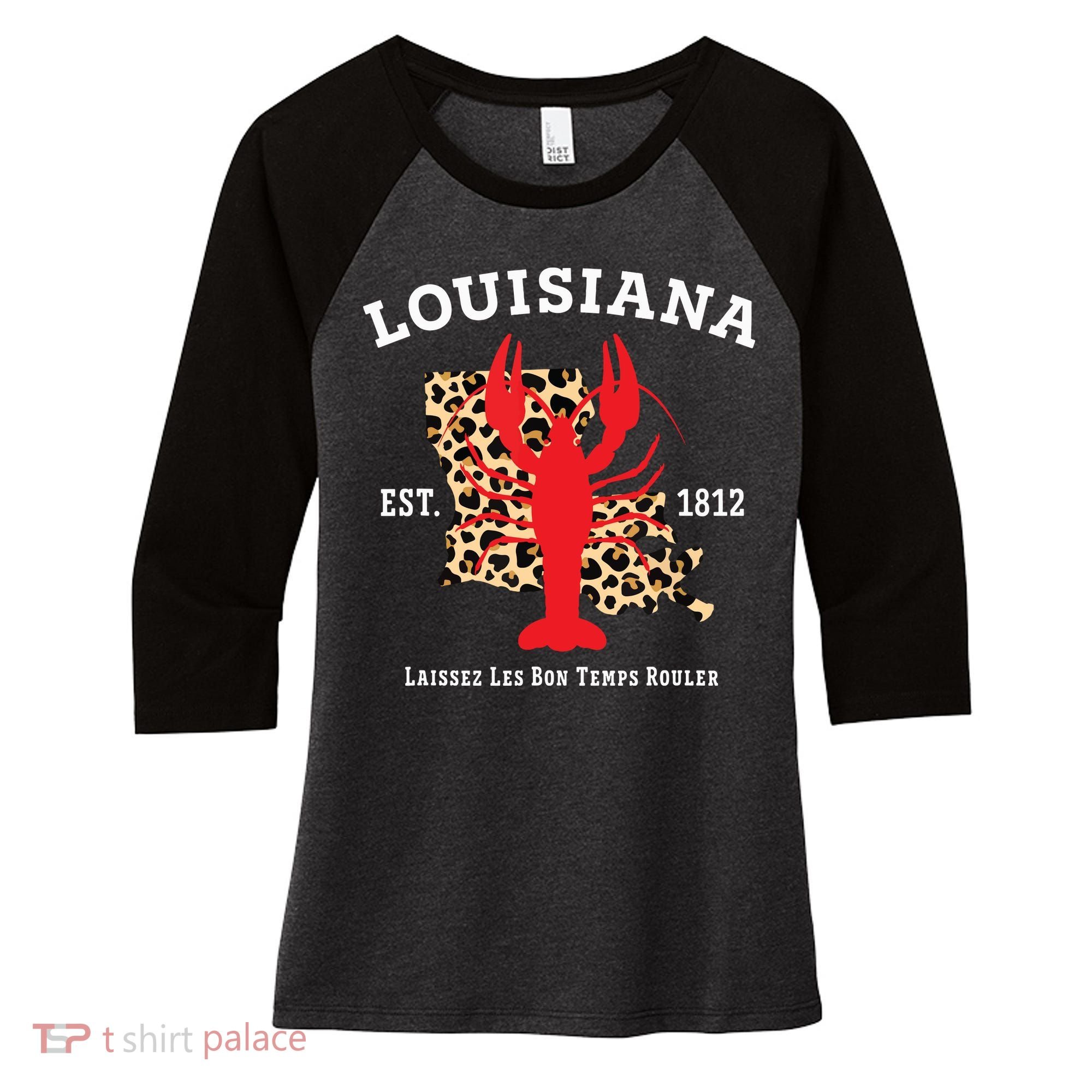 Louisiana Est 1812 Crawfish Leopard New Orleans Mardi Gras Women's Tri-Blend 3/4-Sleeve Raglan Shirt