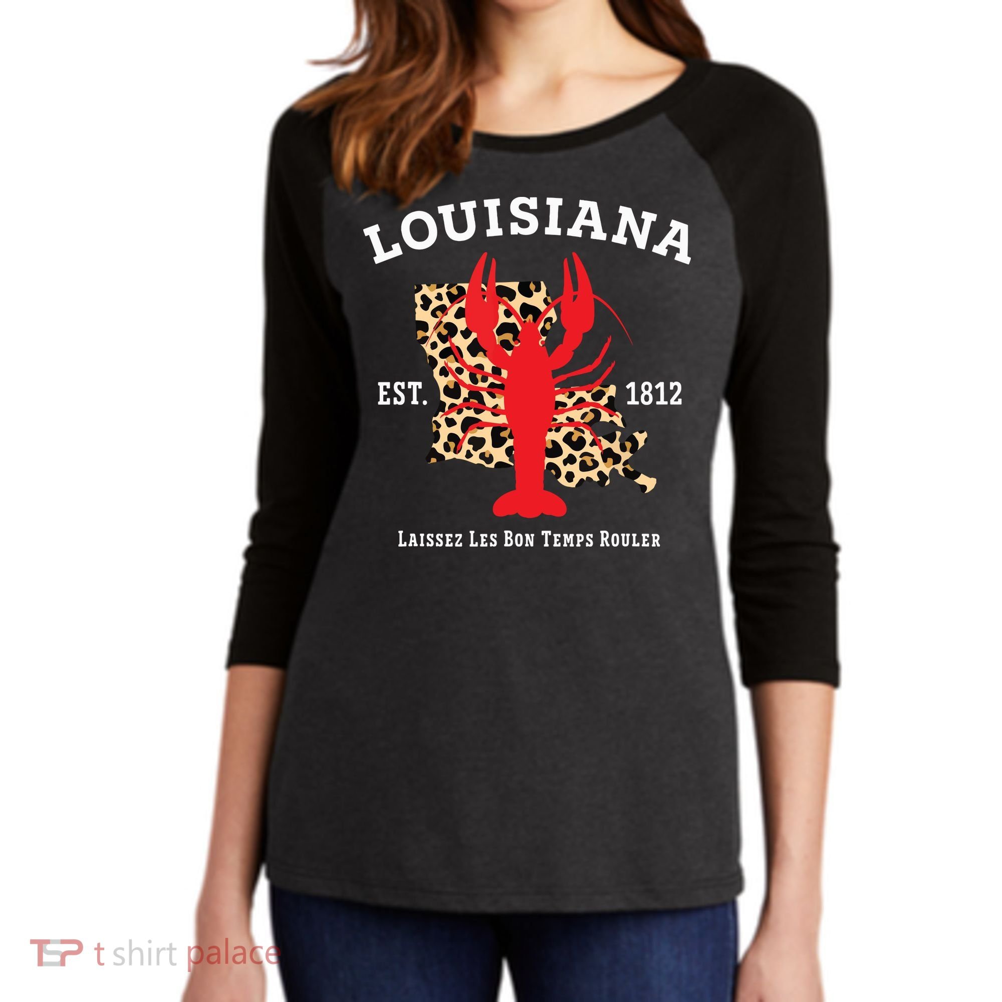 Louisiana Est 1812 Crawfish Leopard New Orleans Mardi Gras Women's Tri-Blend 3/4-Sleeve Raglan Shirt