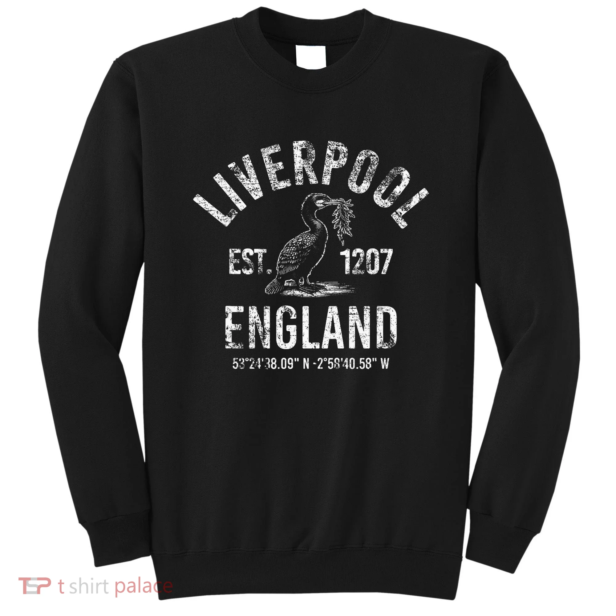 Liverpool England 1207 With Coordinates White Distressed Sweatshirt