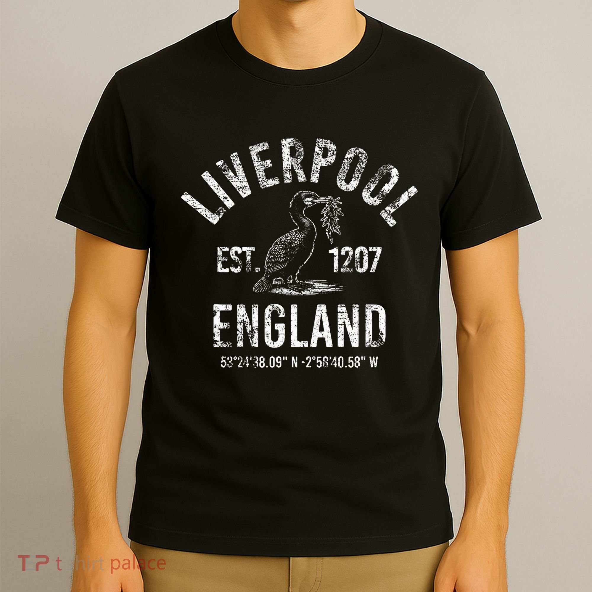 Liverpool England 1207 With Coordinates White Distressed T-Shirt