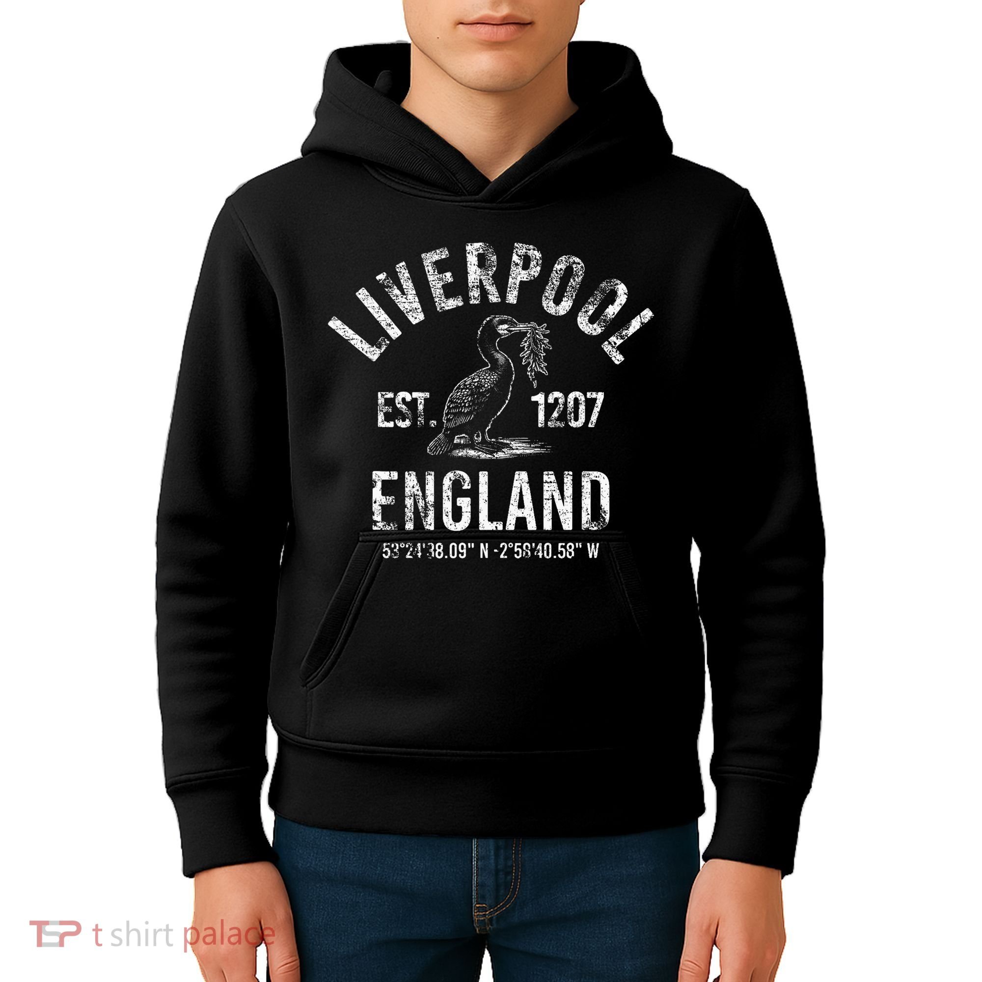 Liverpool England 1207 With Coordinates White Distressed Kids Hoodie