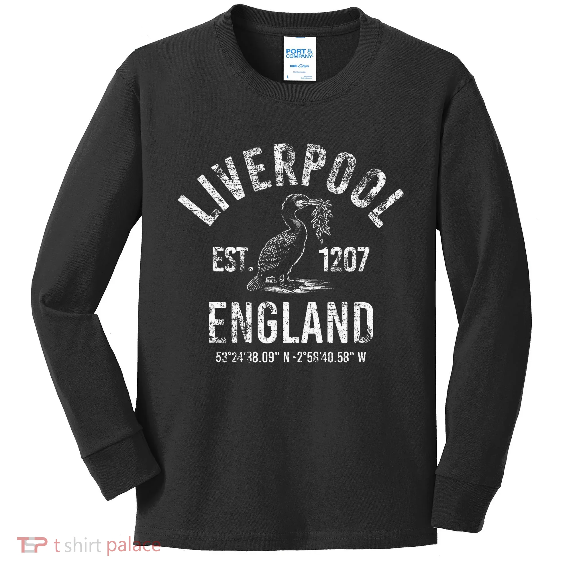 Liverpool England 1207 With Coordinates White Distressed Kids Long Sleeve Shirt